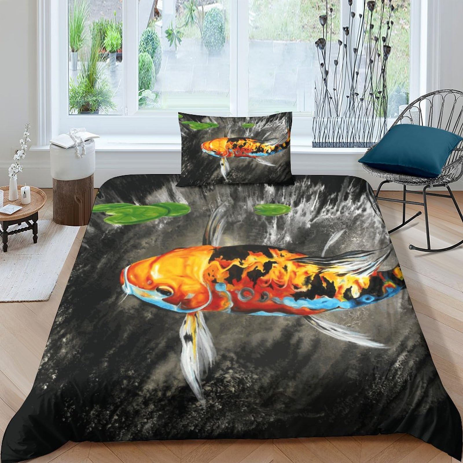Housse de couette carpe koï imprimée 3D et zippée en microfibre
