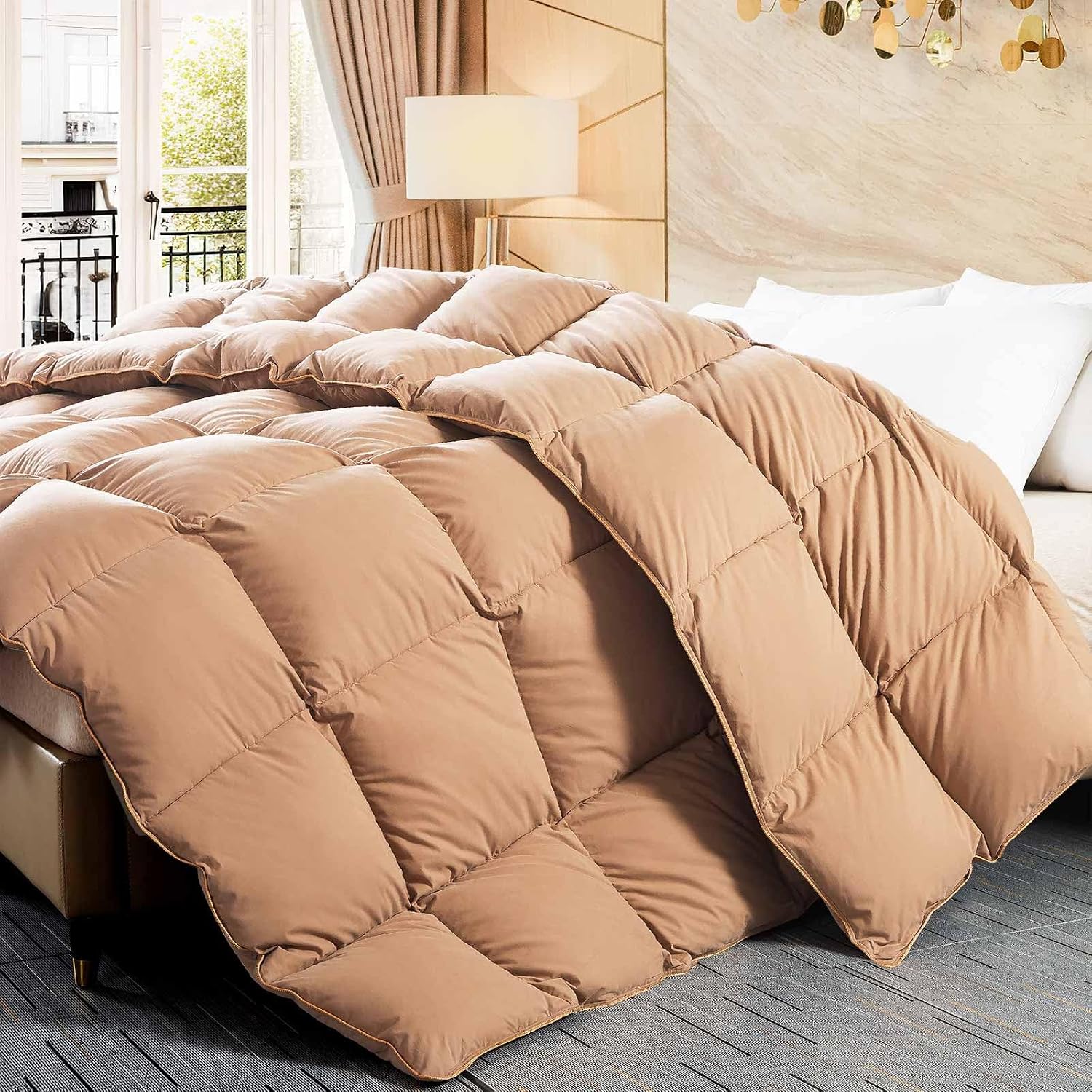 WhatsBedding Feather Down Fiber Comforter Full Size, 100% Cotton Duvet Insert for All Season, Hotel Collection, 8 Corner Loops, 82x86In, Gold Piping