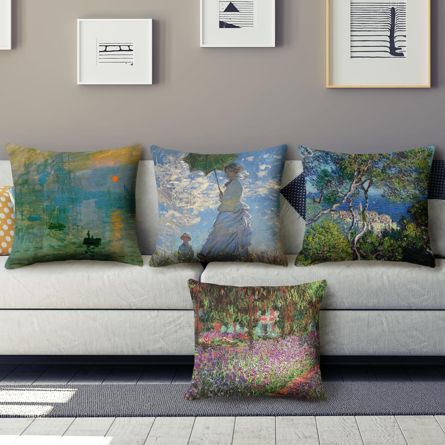 HOSTECCO Claude Monet Pillow Covers Set of 4 Abstract Impressionist Throw Pillow Cases Art Design Square Decorative Cushion Covers for Famous Painting Fans 20x20 Inches