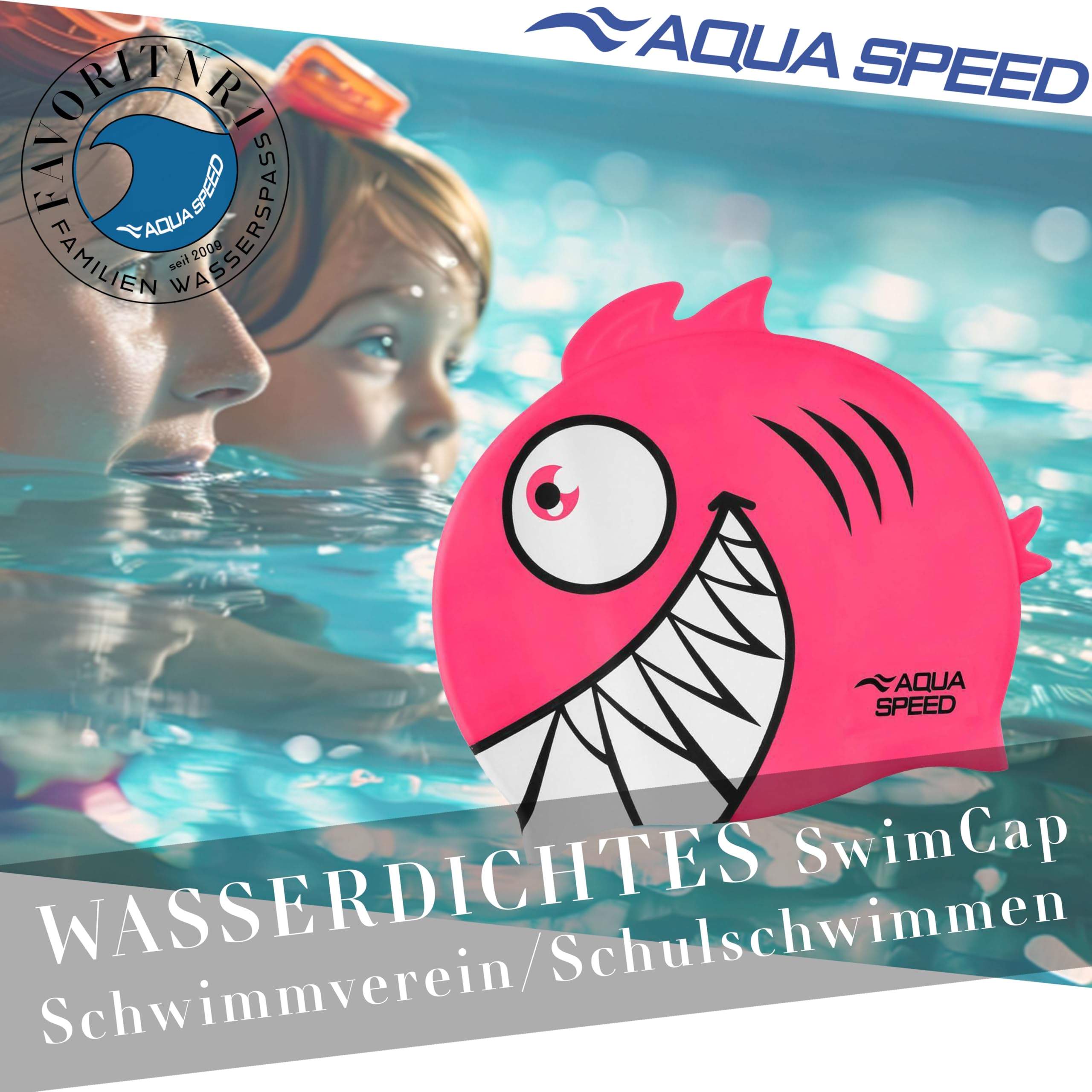 Aqua Speed Shark Gorro de natación + Toalla de Microfibra | niños | Gorras de baño Divertidos| tiburón | Silicona
