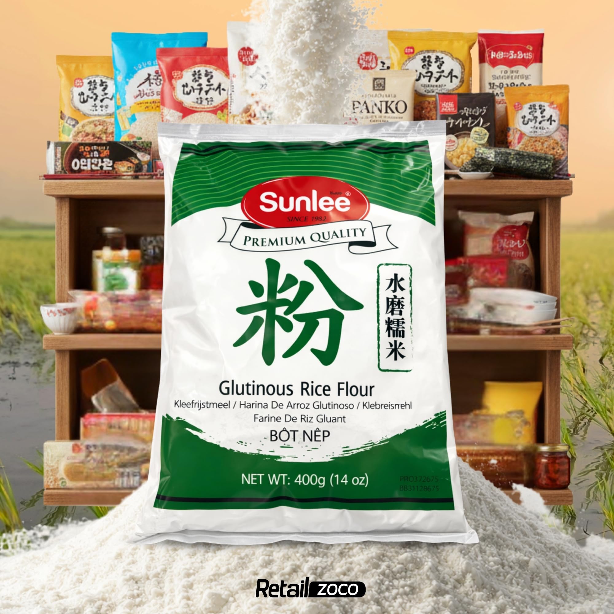 Harina de Arroz Glutinoso, harina de arroz pegajoso, Harina Sin Gluten, Ideal para mochis, pasteles de arroz y dumplings, Ingrediente Arroz glutinoso 98% y agua 2%, Contiene 1 unidad de 400 gr