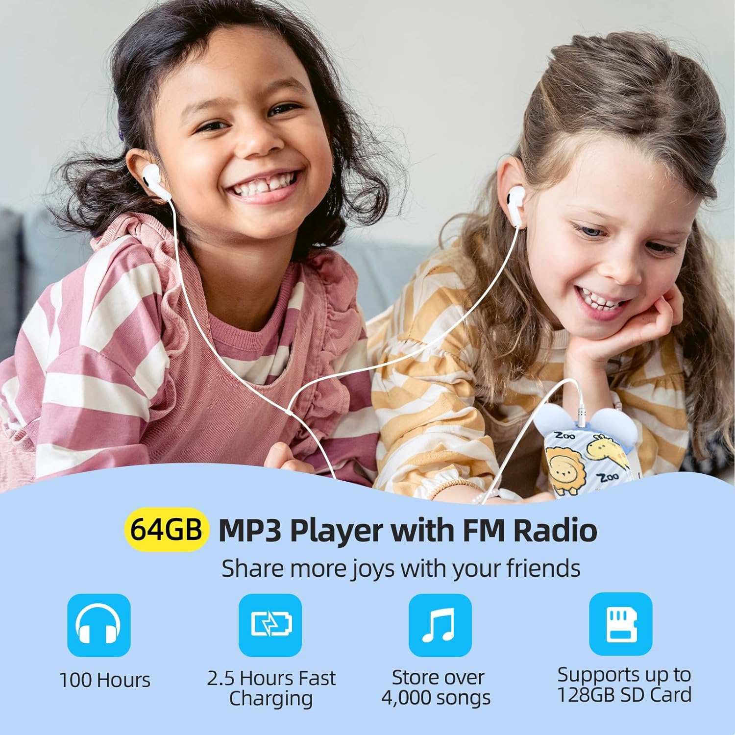 RUIZU 64GB Bluetooth MP3 Player for Kids, Cartoon Zoo Portable Music Player, Child MP3 Player with Speaker, FM Radio, Voice Recorder, Stopwatch, Pedometer, Alarm Clock, Support 128GB Micro SD Card - Image 6