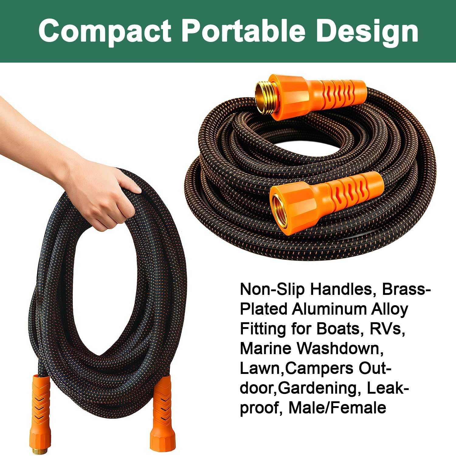 Manguera de jardín flexible de 10 pies, sin torceduras, cabeza de latón macizo, manguera de agua ligera para caravana, barco, lavado de coches, jardinería, patio, cámper, al aire libre, alta presión
