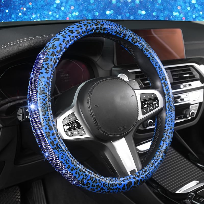 Capa para volante AUTOYOUTH azul com estampa de leopardo e strass para carros, 37–38 cm