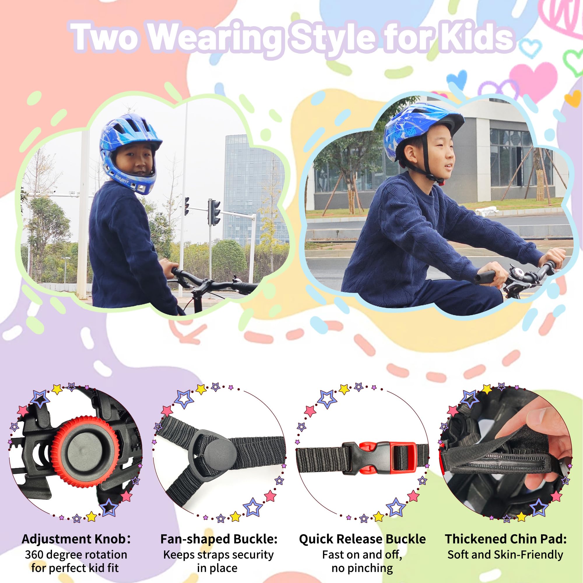 EULANT Kask rowerowy z ochroną podbródka dla młodzieży, dzieci, kask pełnotwarzowy, kask BMX, kask do downhillu, kask integralny, z jednym przyciskiem, ochrona podbródka i regulacja z tyłu