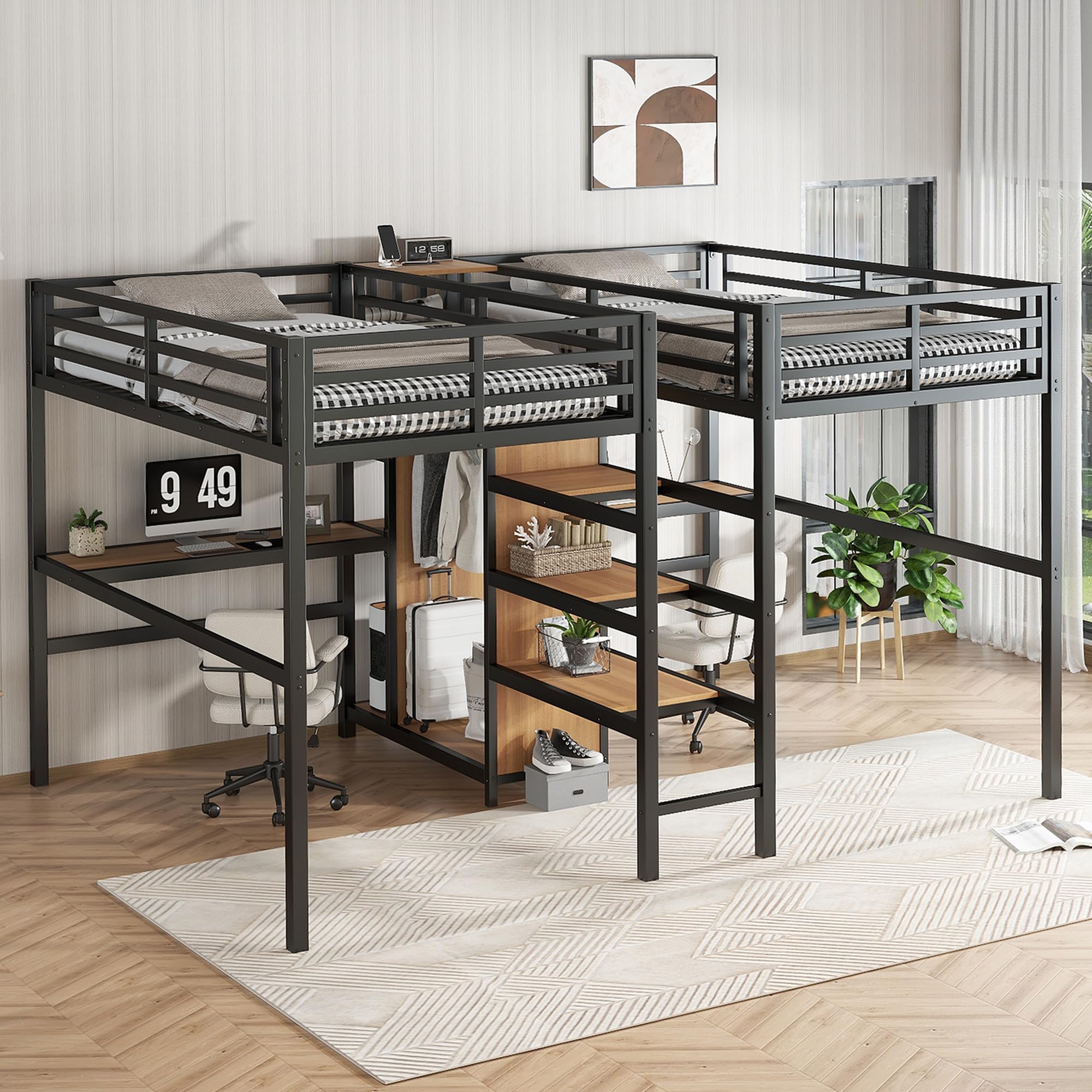 LUMISOL Double Loft Bed Twin Size with Desk, Heavy Duty Metal Loft Bed with Charging Station, Wardrobe & Storage Shelves, Noise Reduced, Black+Natural