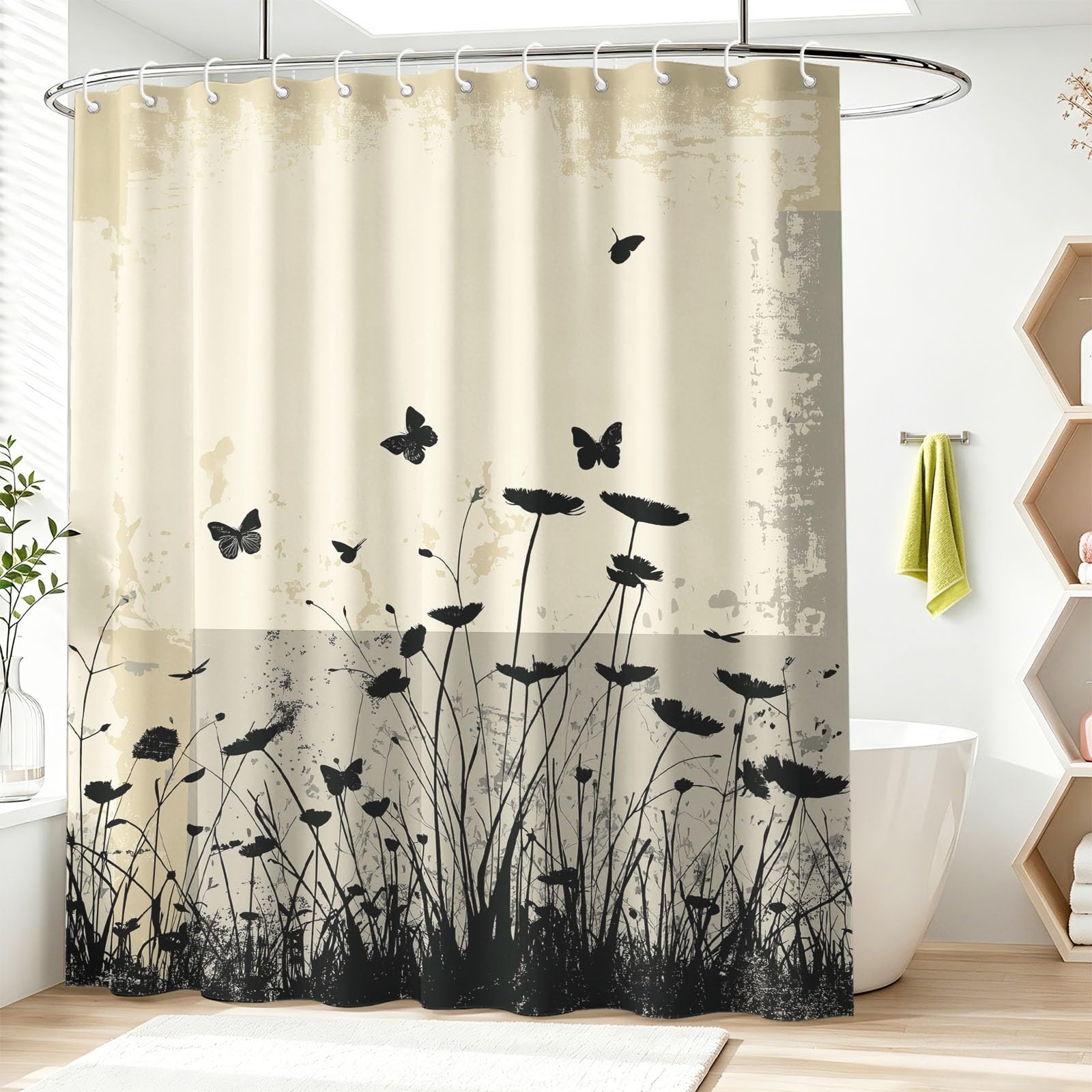 Rideau de Douche Moderne Abstrait en Polyester imperméable et Lavable avec Crochets, 240 x 200 cm, Rideau de Salle de Bain Géométrie Floral Silhouette Composition divisée Nature pour Salle de Bain