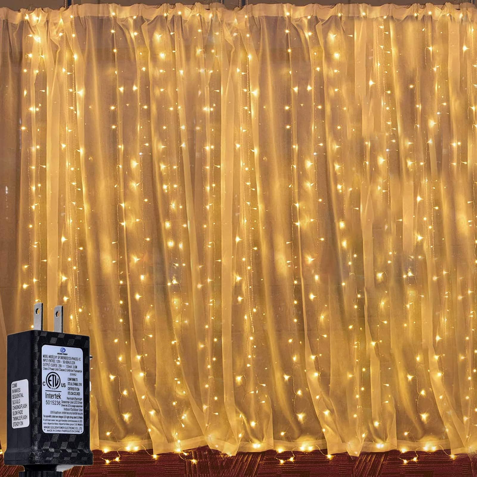 Window Led Curtain Lights, 8 Mode Curtain String Lights, Plug in Curtain Fariy Lights for Chrismas Wedding Party Garden Room Wall Decorations (Warm White)