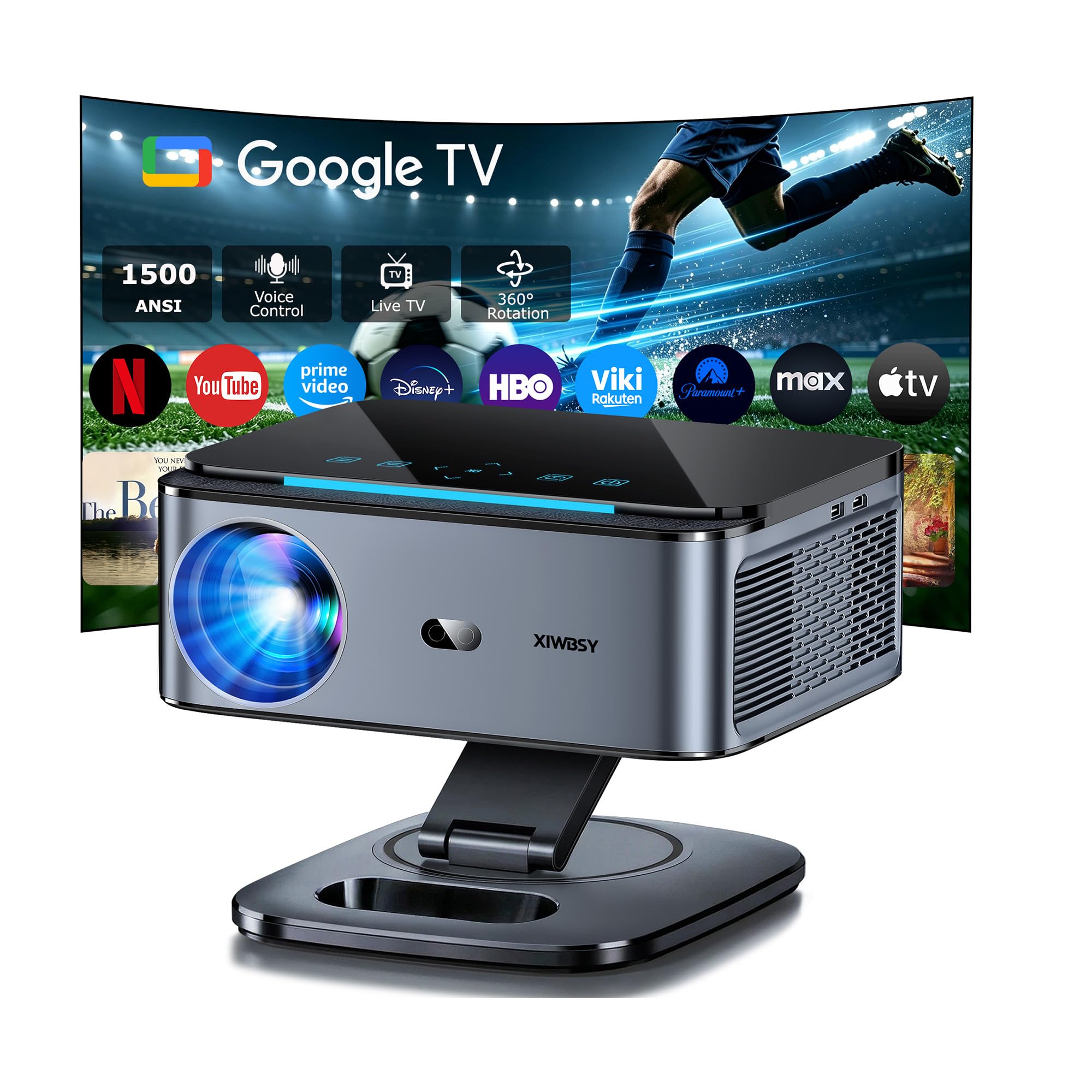 Google TV Videoprojecteur 1500 ANSI Autofokus 4K WiFi6 Official Apps | Projecteur Video 38000 Lumen FHD, Rotation 360°, Live TV, Projecteur Bluetooth Contrôle Vocal, Projector Home Cinéma