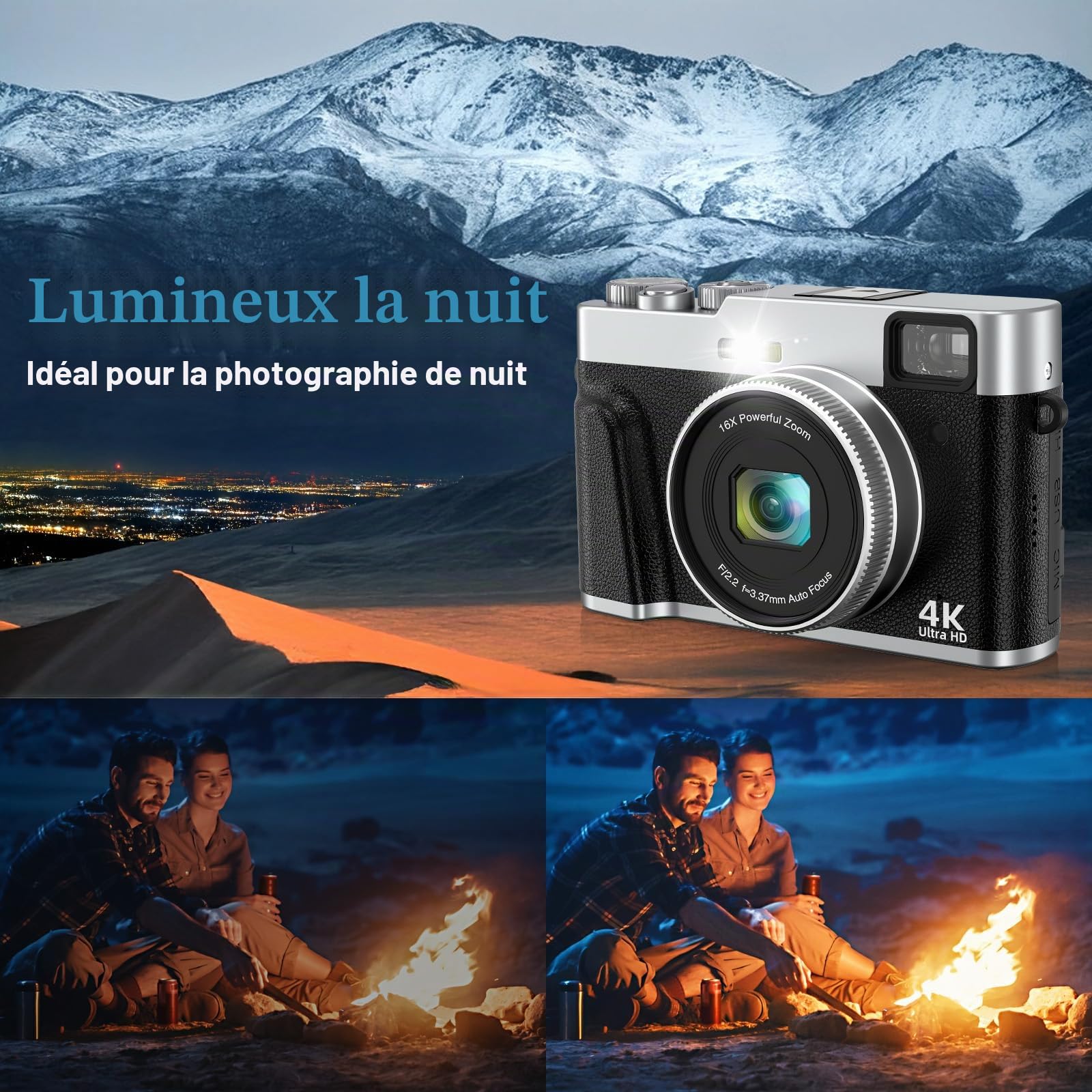 Appareil photo numérique 4K avec viseur optique, mise au point automatique 48 MP, zoom numérique 16X, stabilisation d'image, flash intégré, carte 32 Go et 2 batteries
