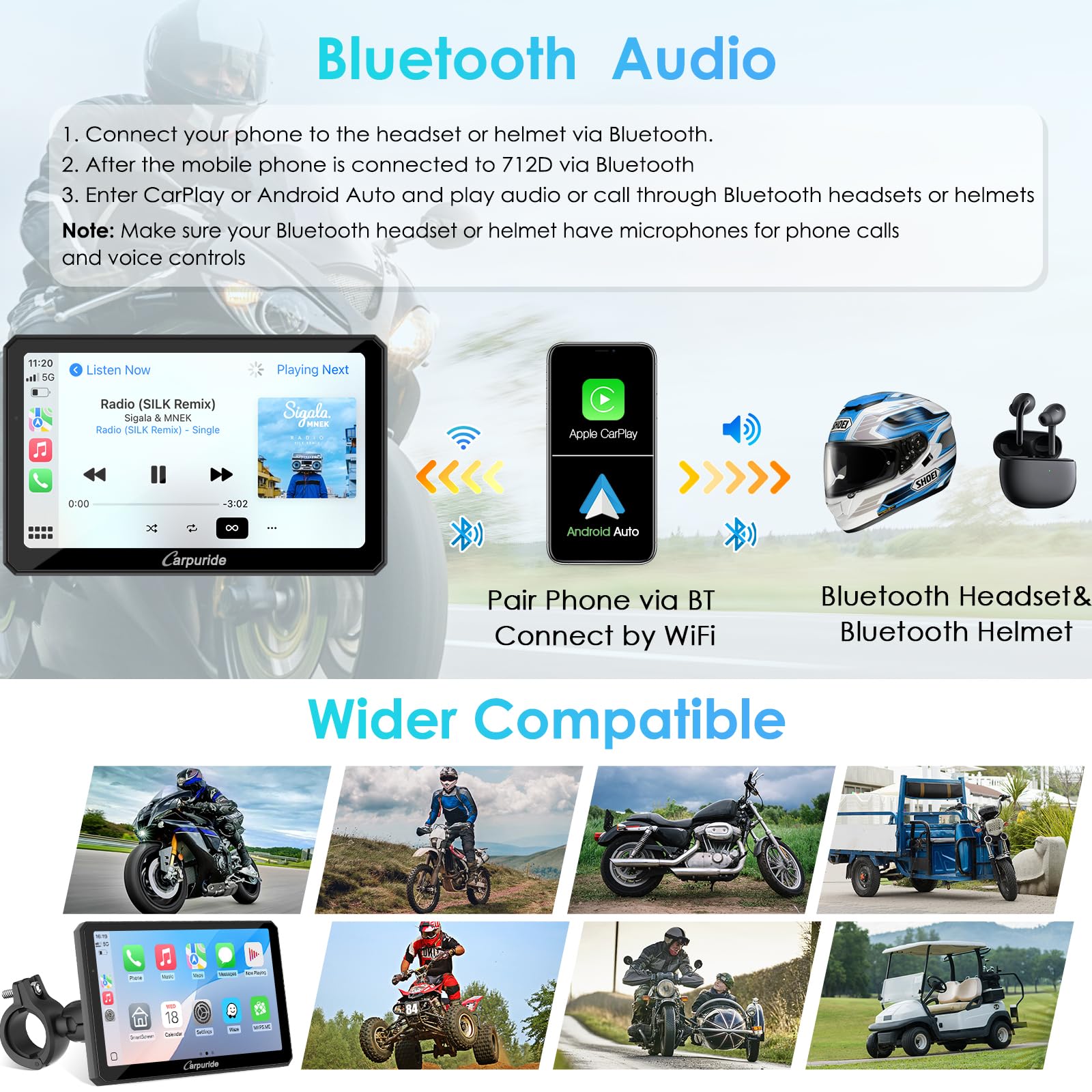 Carpuride W712D Motocicleta Carplay Pantalla con 1080P HD Dash CAM Duales Cámara, Inalámbrico CarPlay y Android Auto, 7" Pantalla Táctil Impermeable, BT, Cable Controlador, Grabación Bucle, GPS.