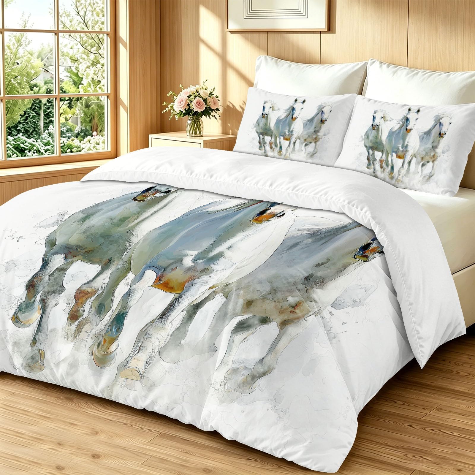 Set copripiumino matrimoniale con stampa ad acquerello, in microfibra, reversibile, 200 x 200 cm, 3 pezzi, con cerniera + 2 federe da 50 x 75 cm, bianco