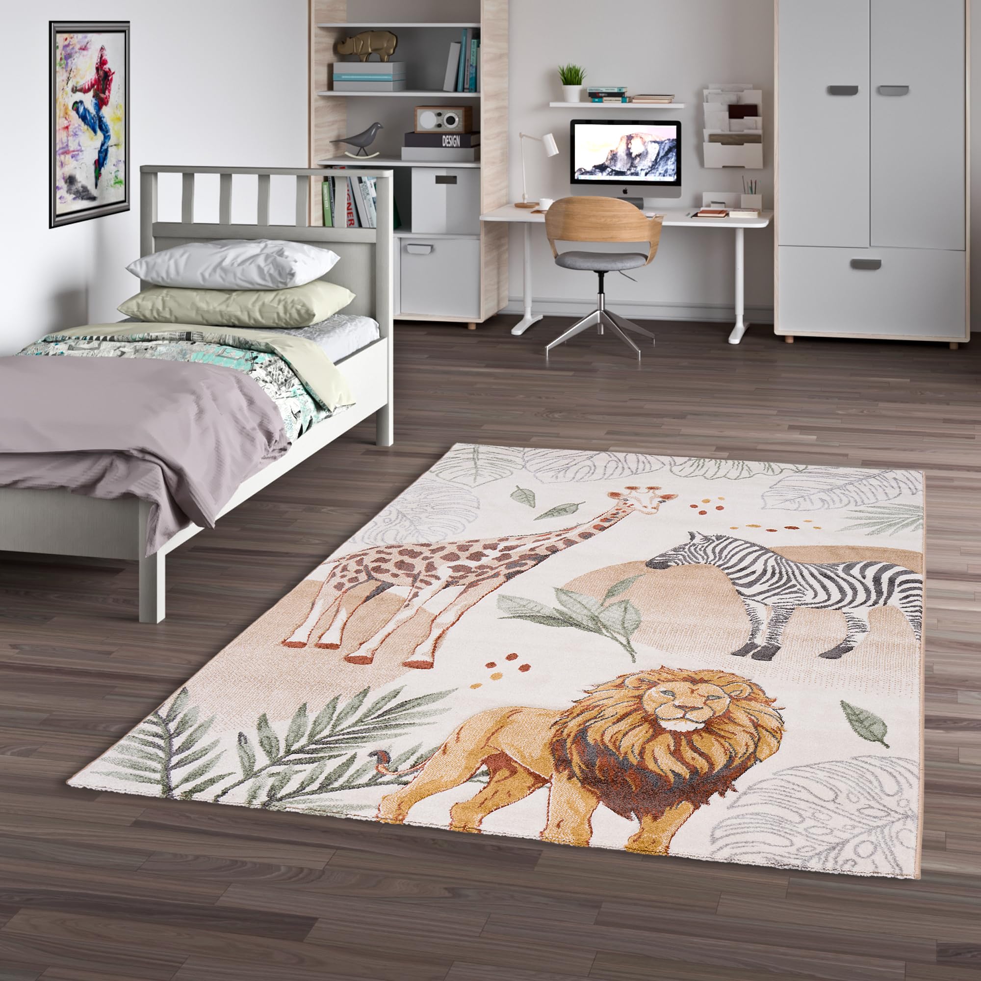 Pergamon Tapis Enfant Maui Kids Dinosaures Vert Bleu - Tapis Doux de Jeu avec Motifs de Dinosaures pour Chambre d'enfant et Salle de Jeux, Facile à Nettoyer et Couleurs Vives