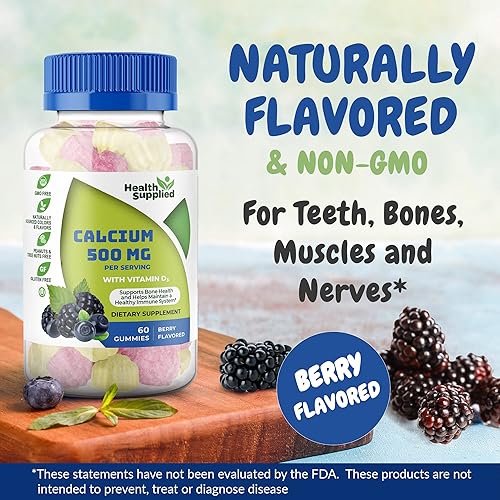 Miniatura 1 de Gomitas de calcio de 500 mg con vitamina D3 1000 UI paquete de 2  Suplemento dietético diario  fuerza ósea, crecimiento, dientes  para adultos,