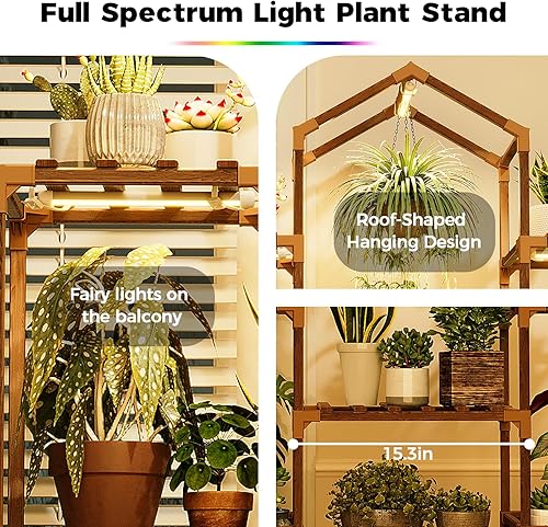 Miniatura 4 de Bamworld - Soporte para plantas de interior con luces de crecimiento, estante de madera para macetas colgantes, soporte de flores para decoración de