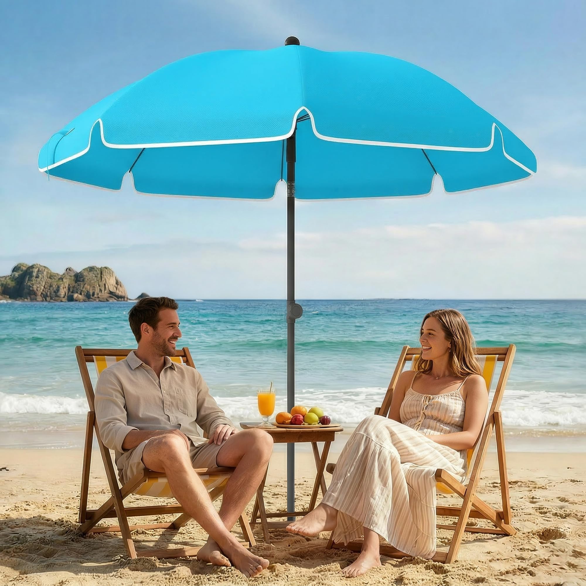 Outsunny Sonnenschirm Strand Ø150 cm Strandschirm mit Sonnenschutz wasserabweisend, Balkon-Schirm mit verstellbarem Neigungswinkel Sandanker, Tragetasche, Gartenschirm für Camping Reisen, Blau
