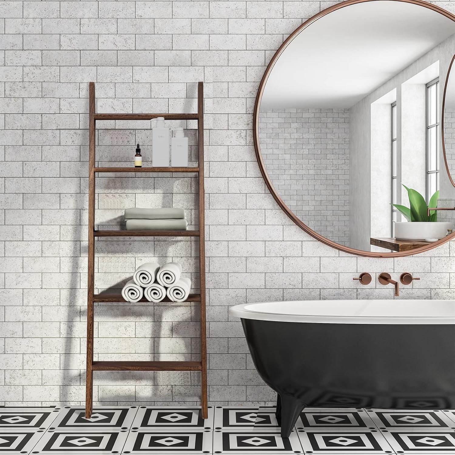 Rustic 5-Tier Wall-Leaning Wood Loadder Towel Racks for Bathroom Livingroom Kithen Office Woden Farmhouse Ladder-Style Blanket Rack Multipurpose Organizer Rack for Home (Brown)