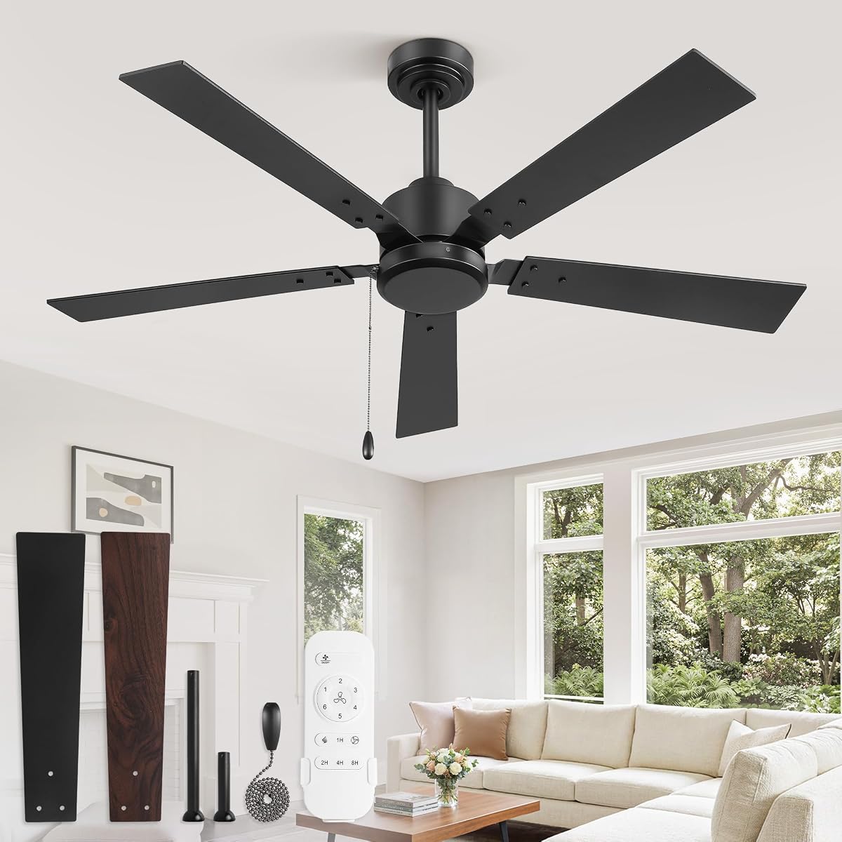 ZMISHIBO 52 Inch Ceiling Fan no Light with Pull Chain&Remote, Black, Modern | 6-Speeds, Quiet DC Motor, 1/2/4/8H Timer, Black Ceiling Fan without Light for Bedroom, Living Room, Indoor/Covered Outdoor