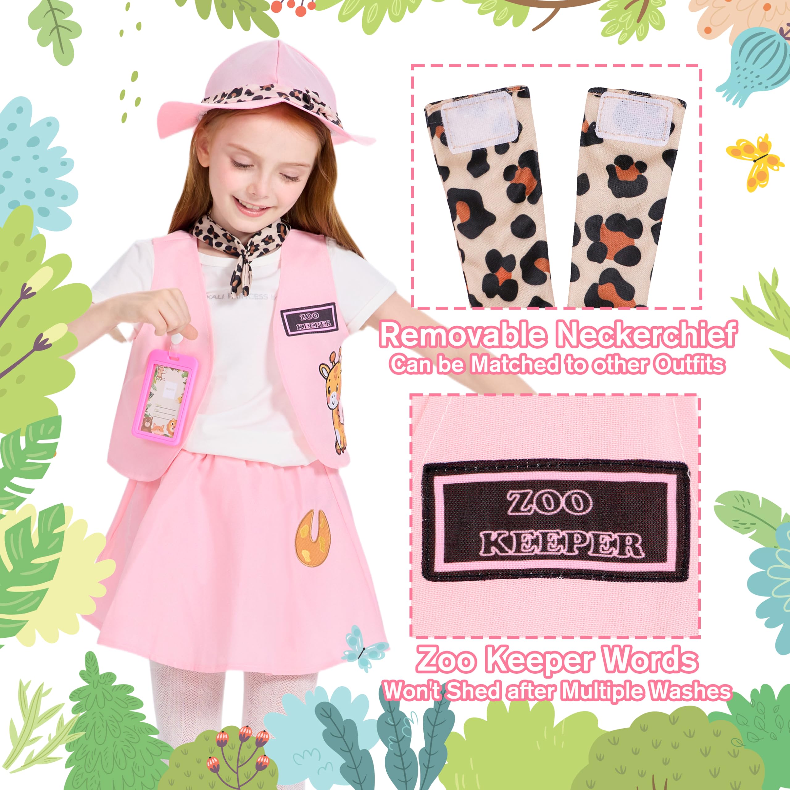 IKALI Girls Explorer Costume, 4 Pcs Safari Vest Skirt Scarf Hat Jungle Kit for Kids Zoo Keeper Outfit Adventure 4-6Y - Image 3