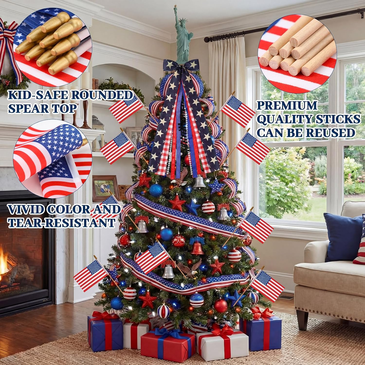 Tigeen 6 Pcs Large Patriotic Ribbon Bows with Small American Flags on Stick Red White Blue 4th of July Wreaths Bow for Front Door Indoor Outdoor 250th Anniversary Independence Day Memorial Decor