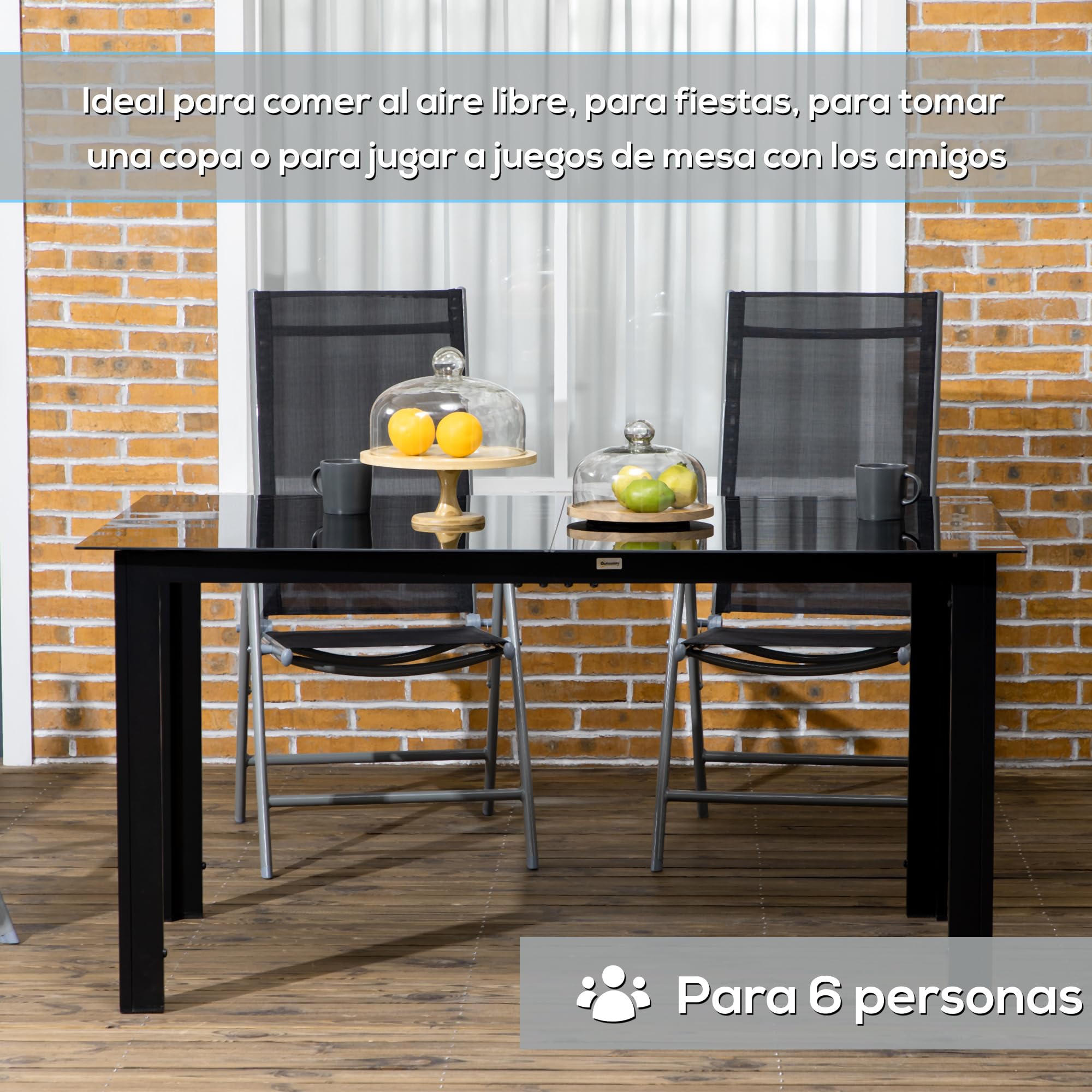 Outsunny Mesa de Jardín Rectangular para 6 Personas con Marco de Aluminio Mesa de Comedor Exterior con Tablero de Vidrio Templado Carga 50 kg para Terraza Balcón 150x90x74 cm Negro