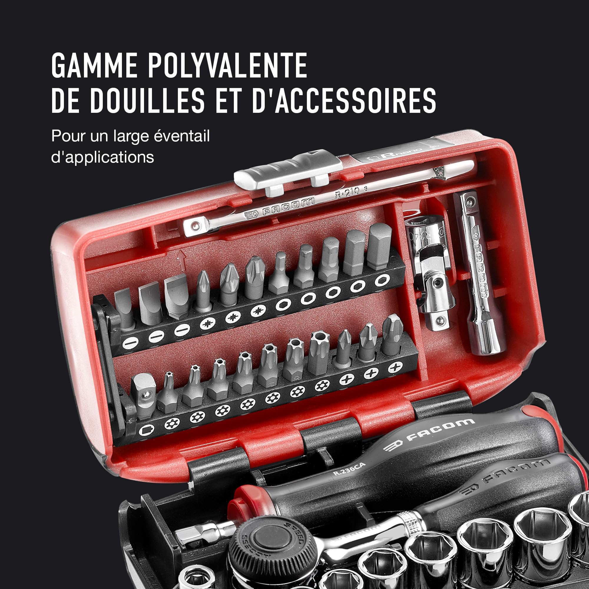 FACOM - Coffret compact de serrage et vissage NANO, 38 pièces, Set de douilles 6 Pans 1/4" avec Cliquet à manche rotatif, R.360NANOPB