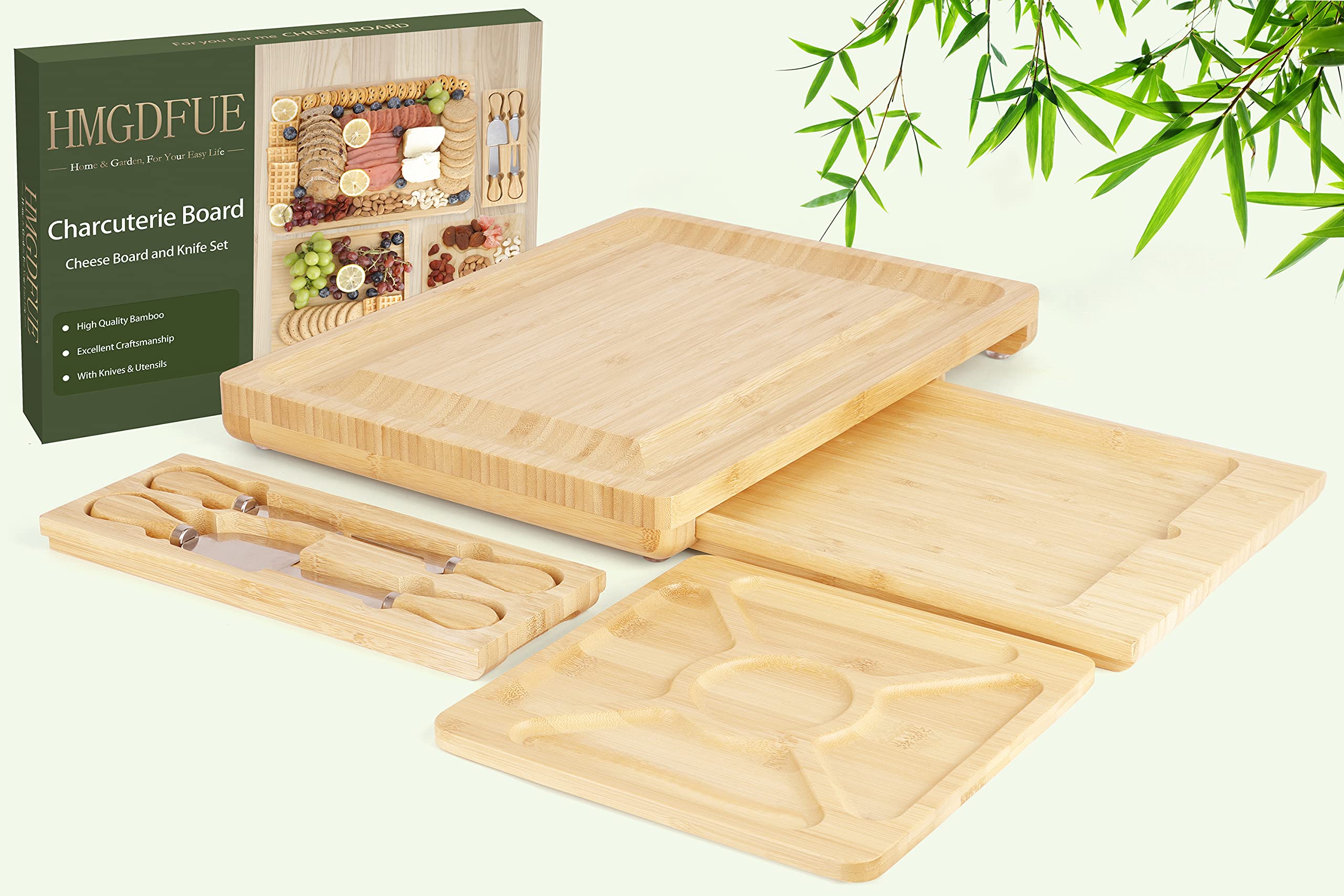HMGDFUE Bamboo Charcuterie Boards Cheese Board Knife Set,15.7"x 13" Charcuterie Board & Serving Trays x2,House Warming Gifts for New Home Gift for Mom Couples Bridal Shower Bridesmaid Gifts