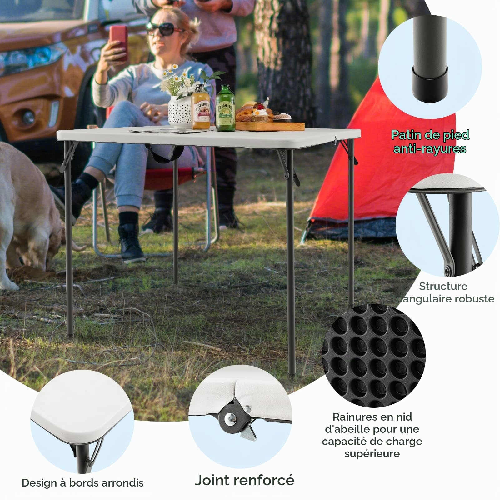 KOMFOTTEU Table de Camping Pliante, HDPE, Charge 150 kg, 86x86x74 cm, Blanc