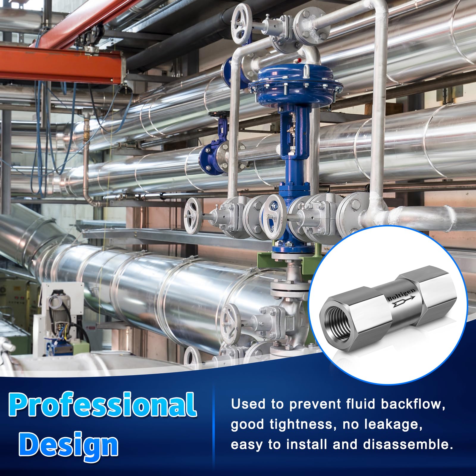 Boltigen Valvola di ritegno a molla NPT da 1/2 ", valvola di ritegno unidirezionale in acciaio inossidabile 304, Valvola di ritegno a fungo in linea per installazione orizzontale e verticale