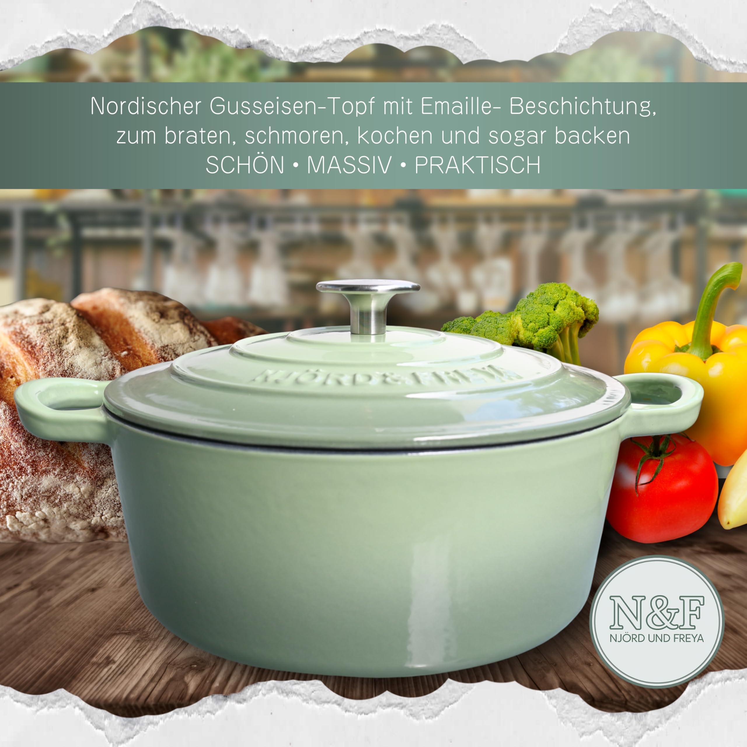 Njörd & Freya® Gusseisentopf 24 cm – Brotbacktopf emailliert mit Deckel – Dutch Oven für Brot, Braten & Eintöpfe – Gusstopf backofenfest, Induktion geeignet, Gusseisener Topf