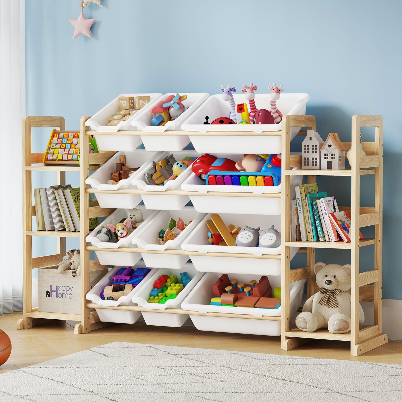 Extra Large Toy Storage - Toy Storage Organizer, Wooden Toy Organizer with 6 Side Shelves and 12 Storage Bins, 3-in-1 Toy Storage and Bookshelf for Kids Rooms, playroom, Bedroom, Nursery