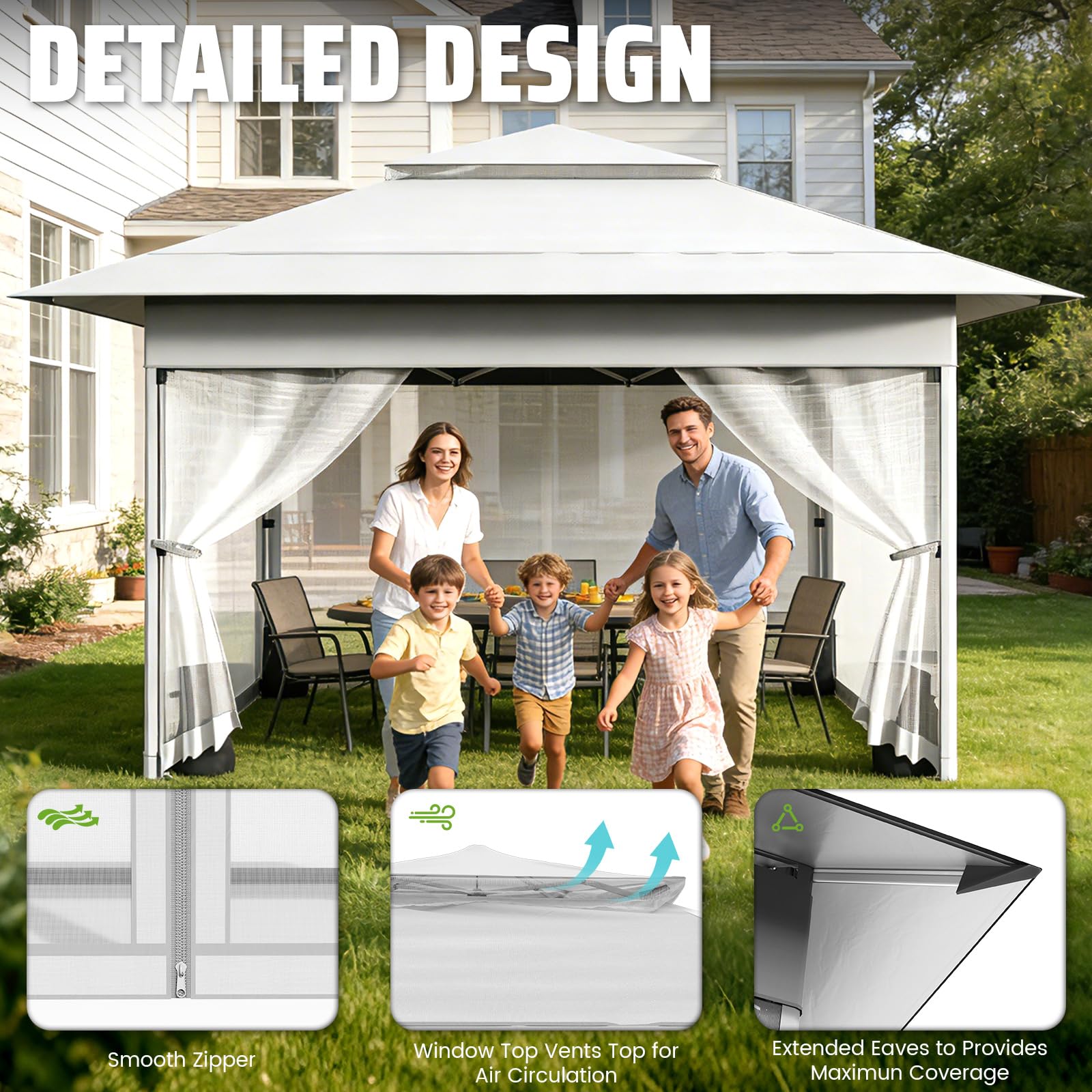 Tonnelle de Jardin 4x4m,Tente Pliante de Exterieur Pop-up avec Moustiquaire、4 Sacs de Sable、Sac de Roulant,Tonnelle Pliante Imperméable，Anti UV，Respirable，Tente de Camping,Barnum，Blanc