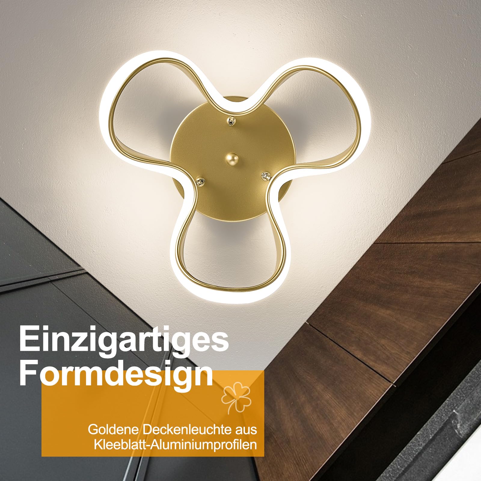 WOKNOS LED Deckenlampe 24W, 4000K Neutralweiß, 31cm Moderne Gold Aluminium Deckenleuchte,CE-zertifiziert, für Schlafzimmer, Wohnzimmer, Flur, Küche, Waschküche