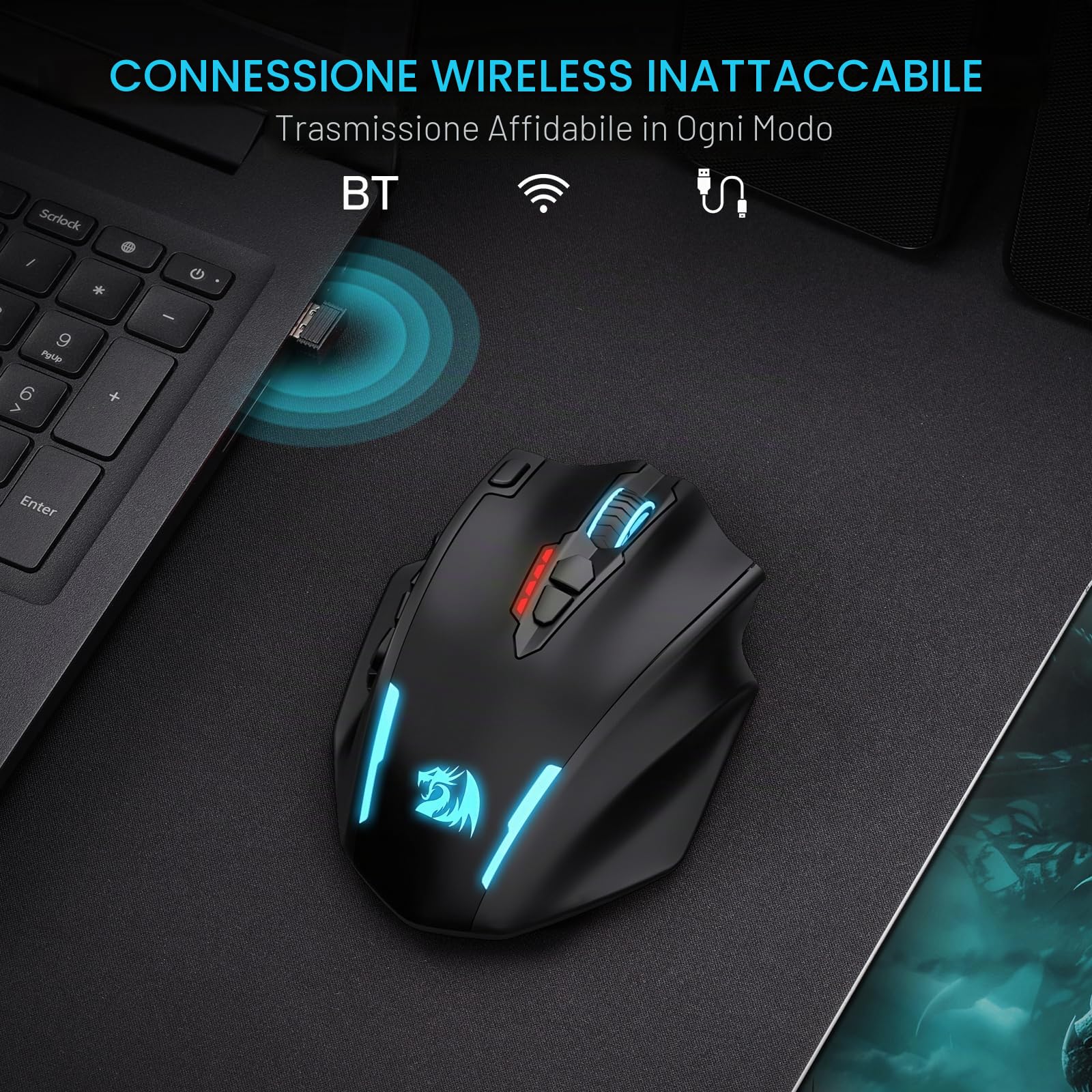 Redragon M913 MAX Mouse Gaming Senza Fili MMO 26K DPI BT | 16 pulsanti programmabili, connessione BT/2.4G, software personalizzazione tasti, sensore ottico preciso per MMO