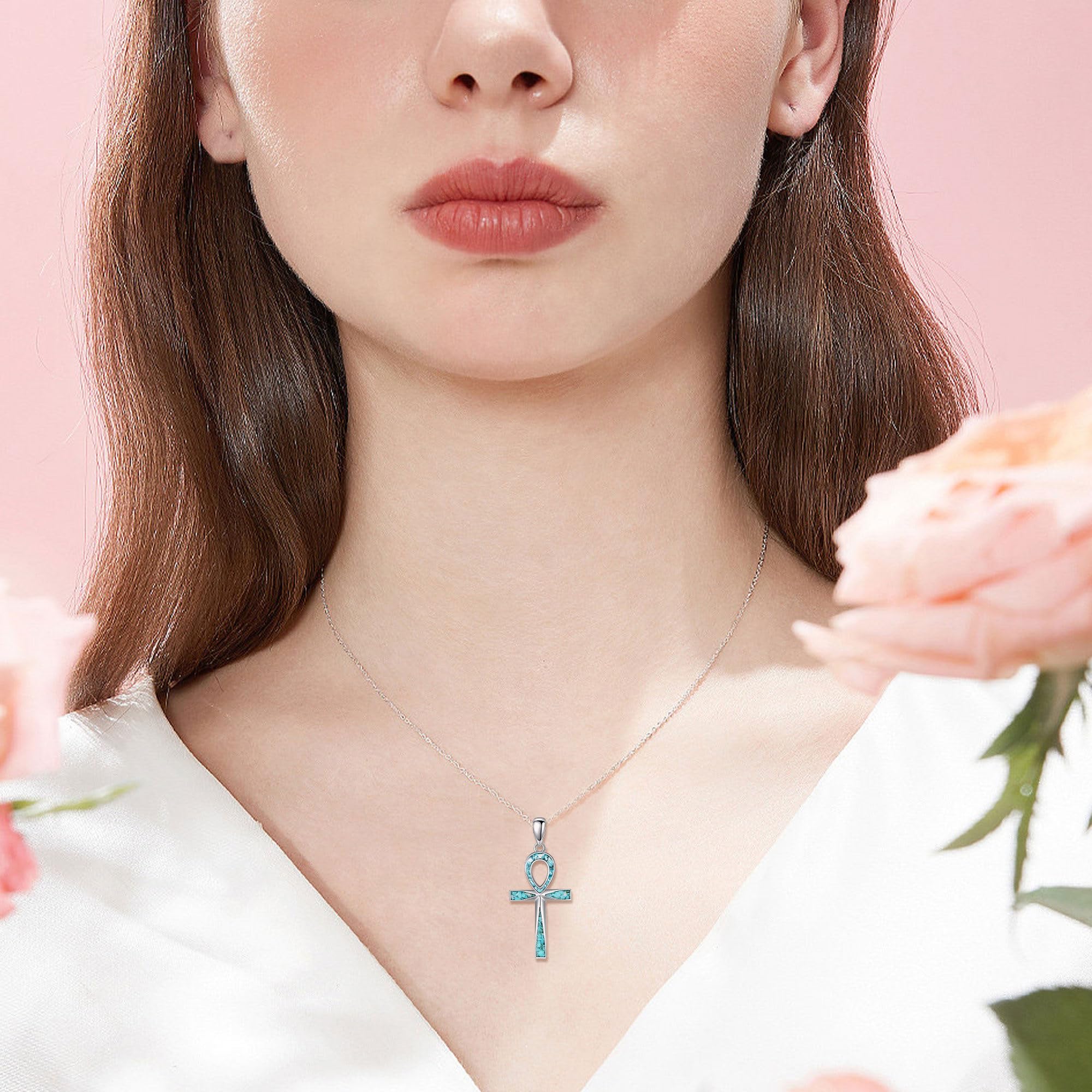 ONEFINITY Ankh Kreuz Kette Sterling Silber Türkis Ägyptisches Kreuz Anhänger Halskette Religiöser Schmuck Geschenke für Damen Herren