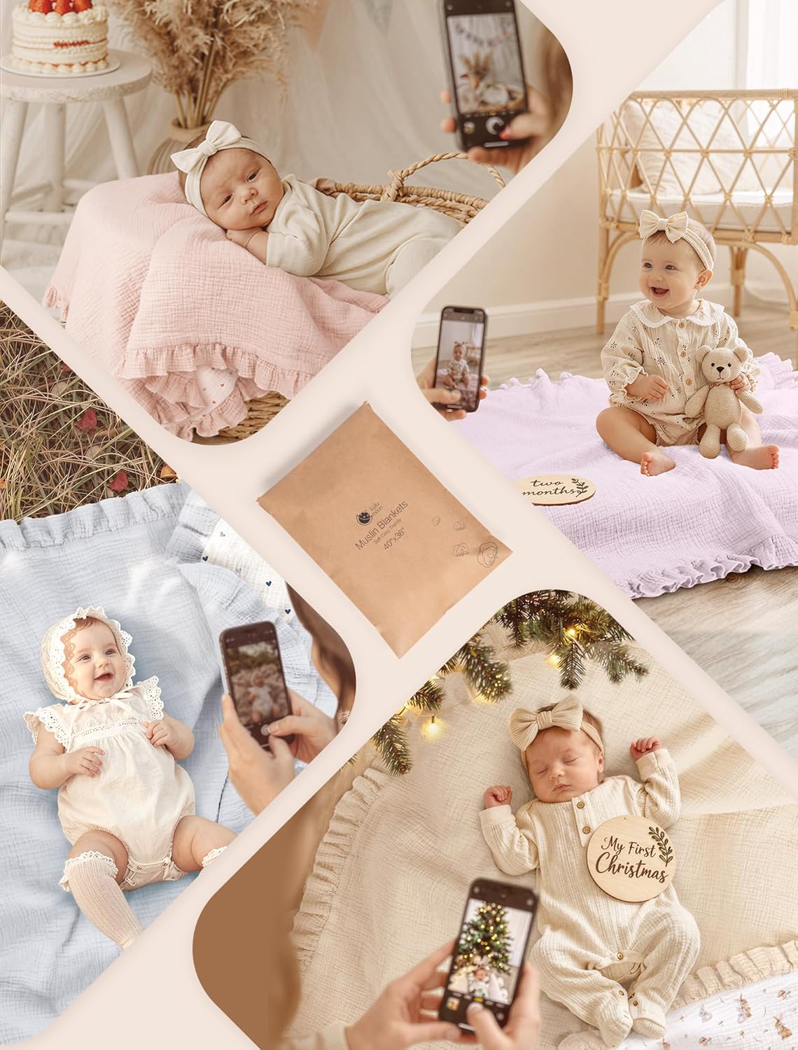 lulumoon Muslin Ruffle Baby Blanket - Soft Breathable 100% Cotton Newborn Wrap for Stroller Travel & Car Seat - Ideal for Photography & Nursery Decoration 40"x36"(Pink Heart)