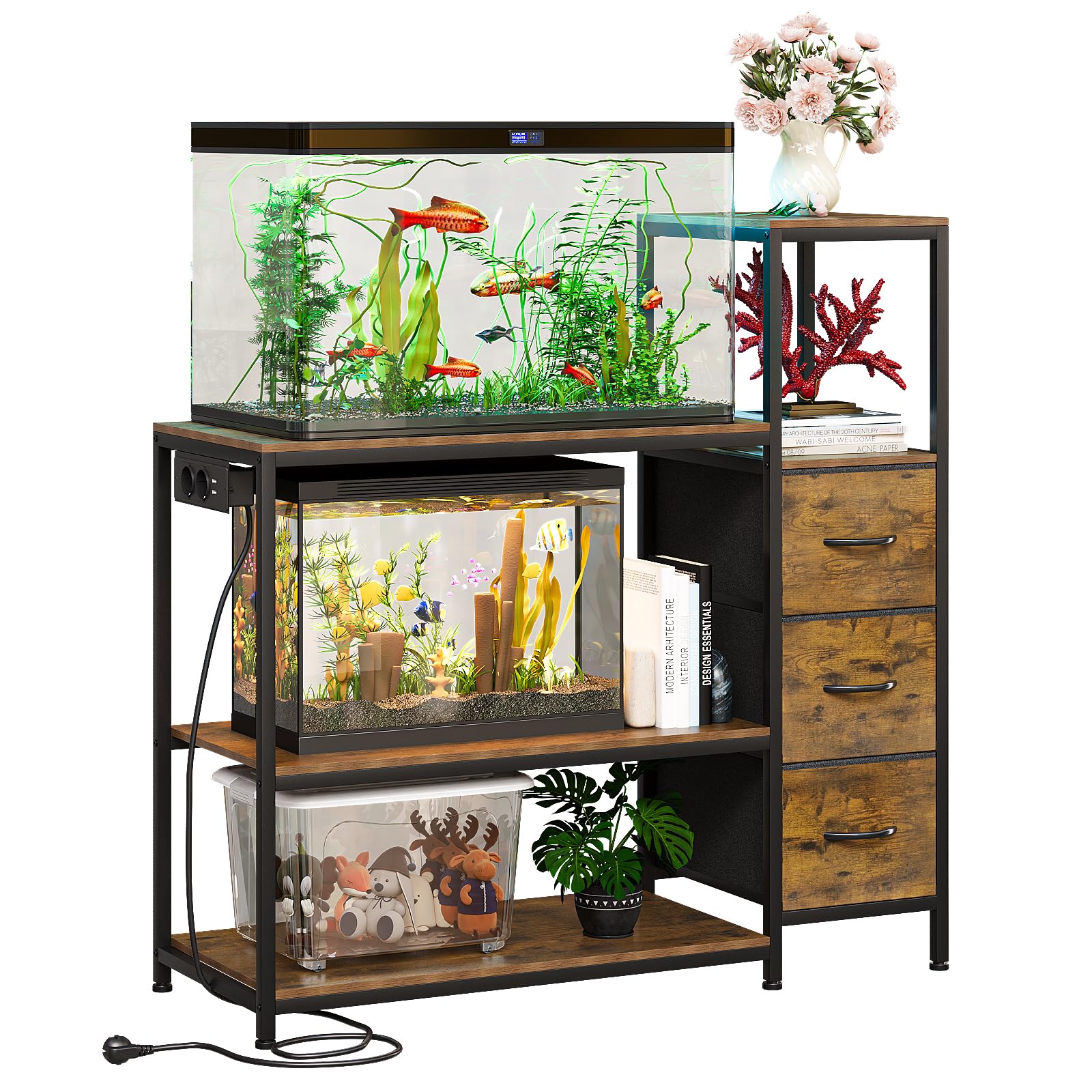 VEDECASA Soporte para acuario de 20 galones, armario inferior con enchufes de red, estantería para acuarios con 3 cajones, mesa de acuario de 3 niveles para acuarios, reptiles y terrarios (marrón)