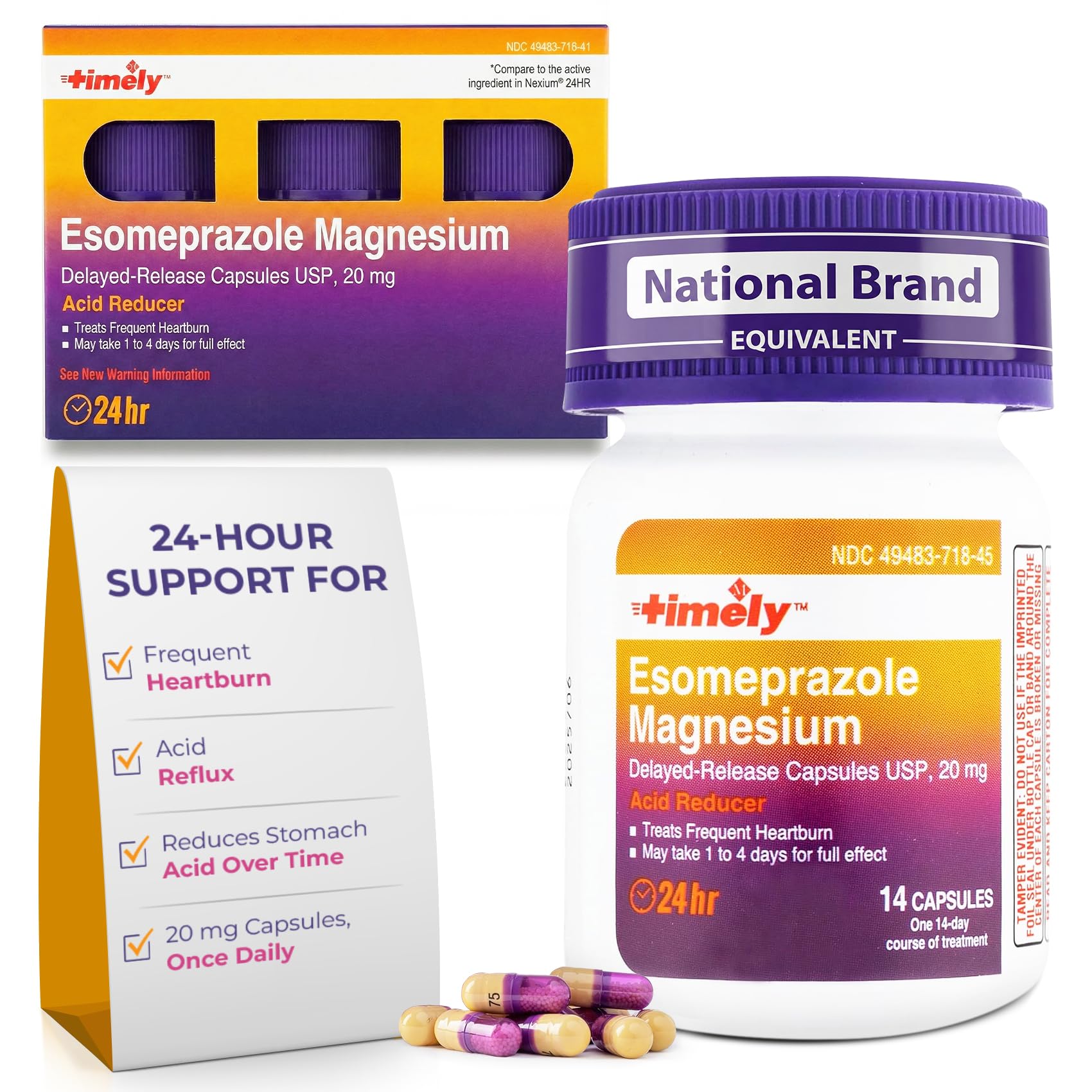 TIME-Cap Labs 42 Capsules Esomeprazole Magnesium 20mg Delayed Release - Acid Reducer & Frequent Heartburn Relief for Adults, Helps with Acid Reflux & Heartburn