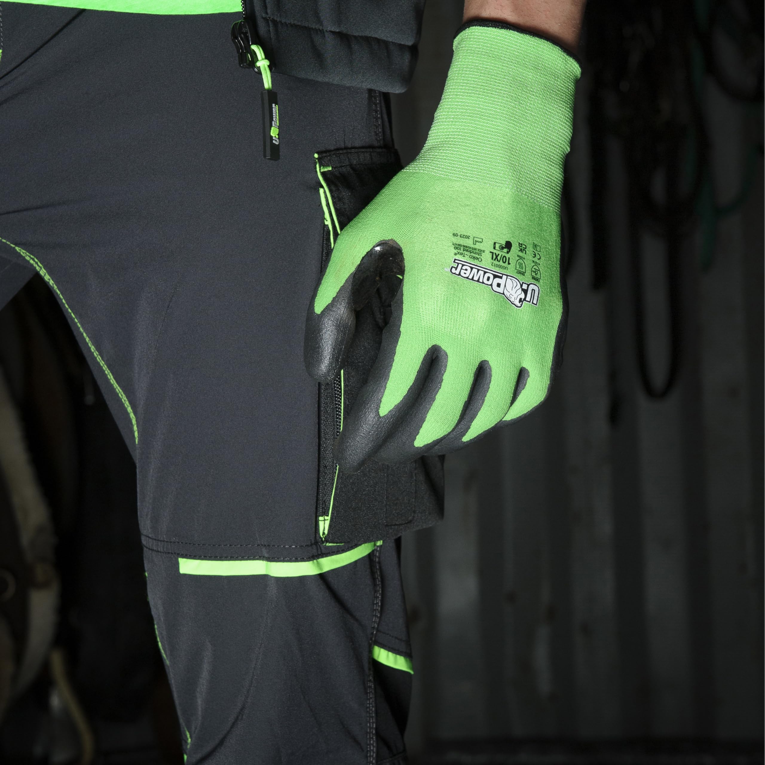 U Power Kalix Guantes de Trabajo de Seguridad Soporte de Poliéster y Spandex Recubrimiento de Nitrilo Reciclado Resistencia a la Abrasión Protección de Riesgos Térmicos Mecánicos Verde 10/XL 12 Pcs