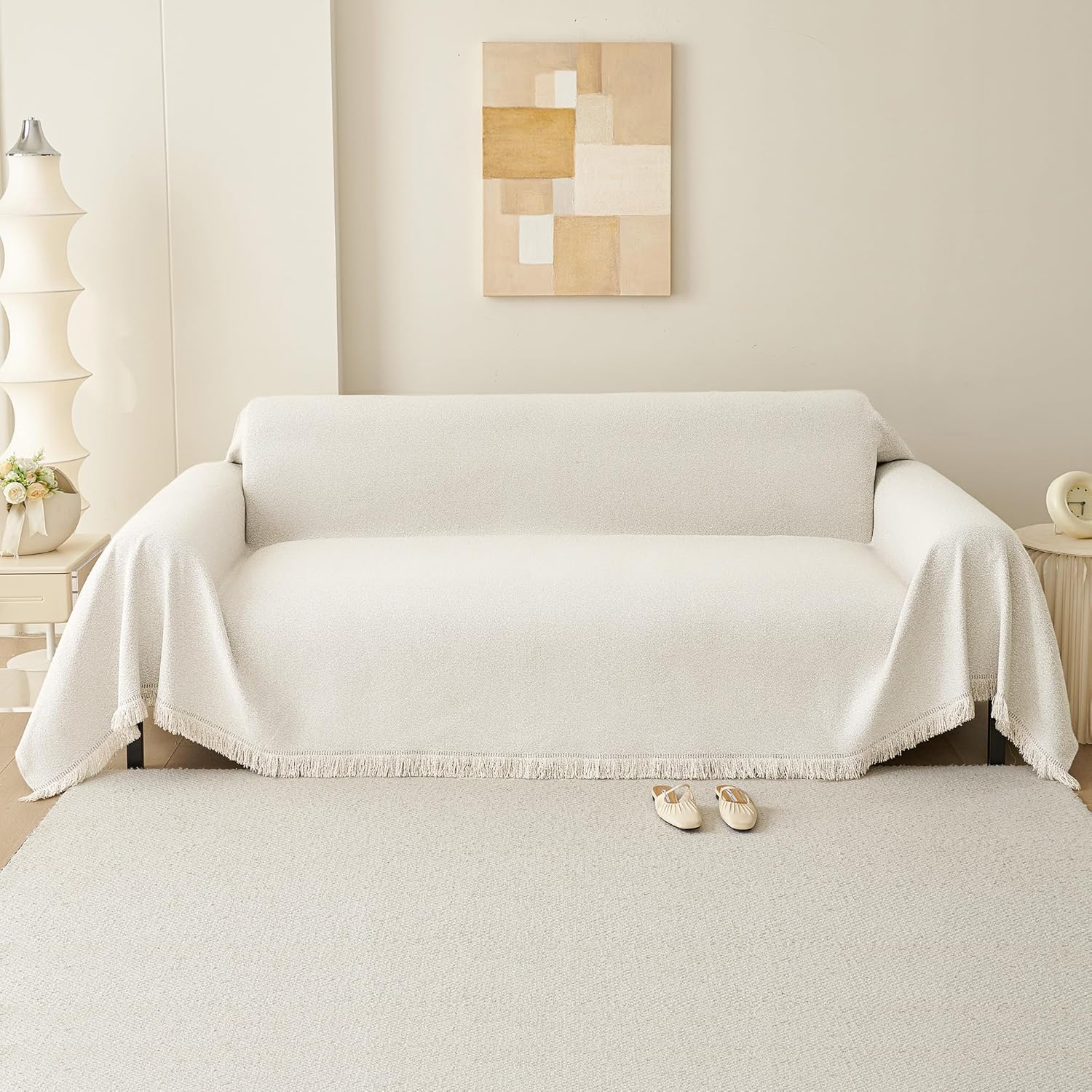 Funda bohemia lavable, resistente al agua y a las manchas, para sofá de 2 cojines, color beige liso, apta para mascotas, funda súper elástica para