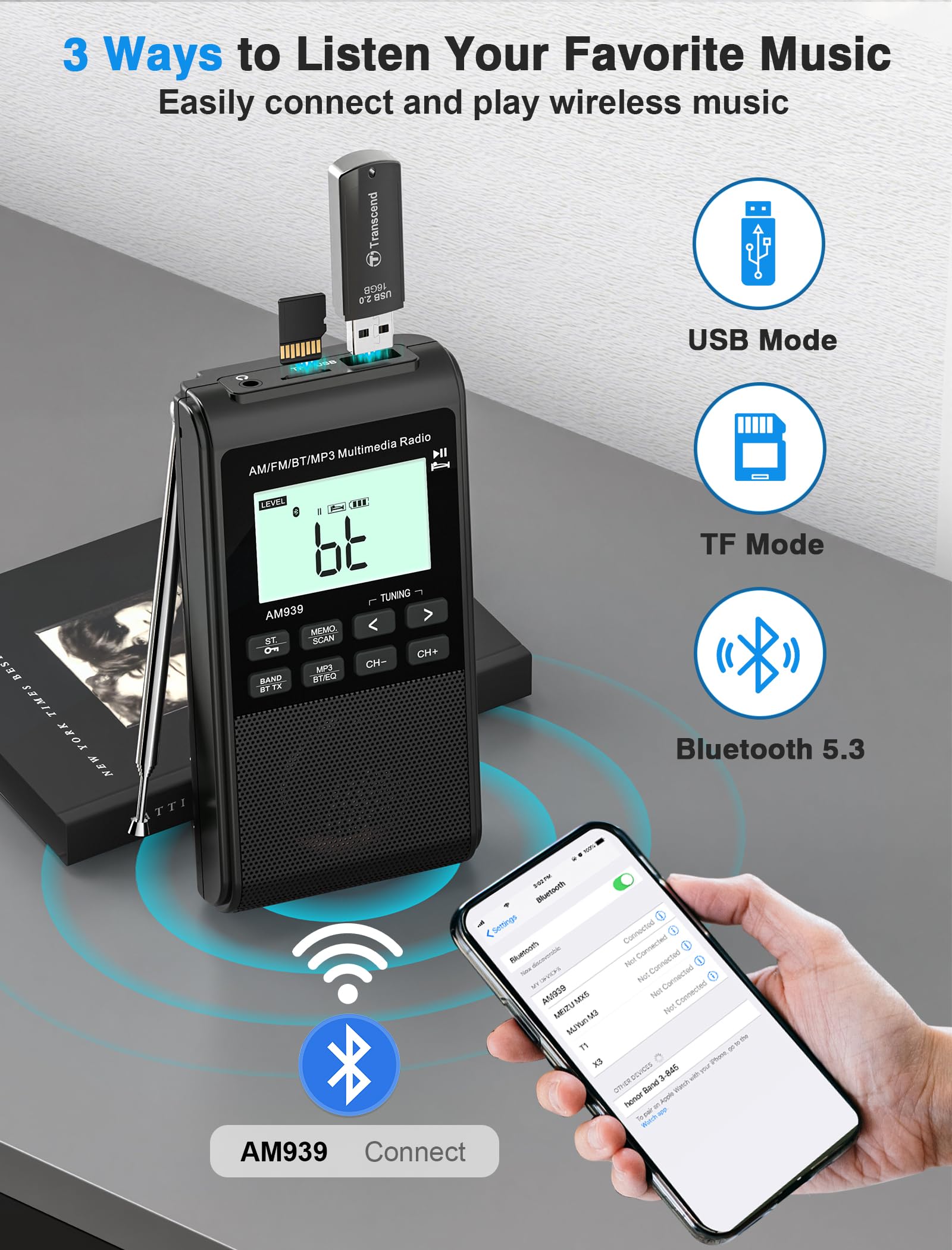 Radio AM FM Bluetooth con batería recargable de 1200 mAh, radio de bolsillo portátil con transistor con la mejor recepción, altavoz grande de 5 W, pantalla LCD, conector para auriculares, compatible
