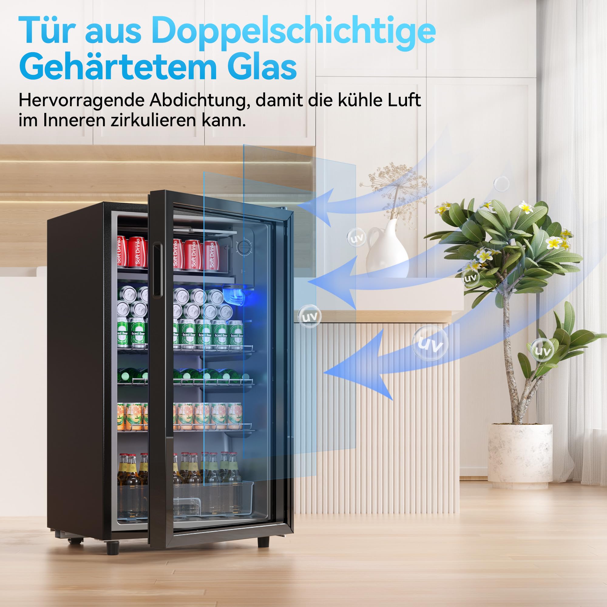 TRIUMPHKEY Nevera para Bebidas, Nevera Compacta de 85 Litros con Luces LED Azules, Nevera para Cerveza, Diseño de Puerta Completa de Cristal con 4 Estantes y Botelleros para Refrescos, Cerveza y Vino.