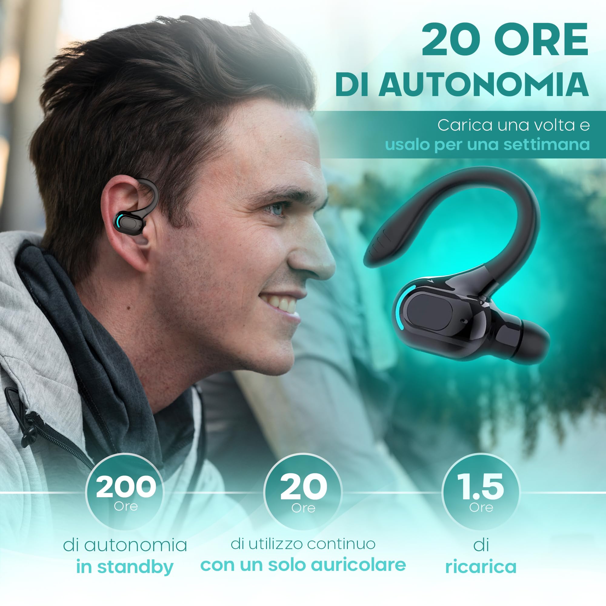 Auricolare Bluetooth mono senza fili V5.2, design 360° sopra l'orecchio, microfono integrato, batteria 70 mAh, 20 ore di riproduzione, compatibile con iPhone, Android e PC