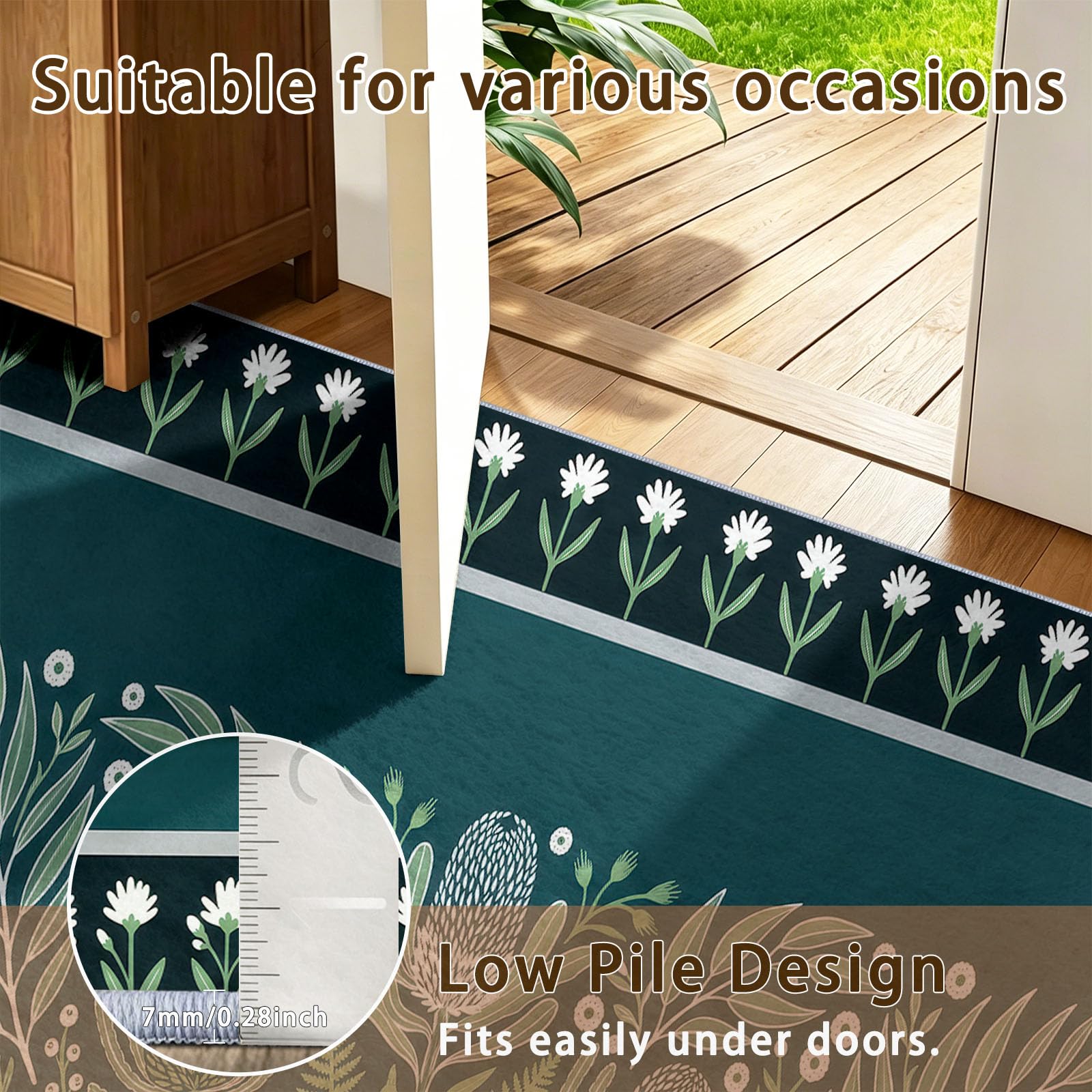Nature Style Scandinave Tapis Salon, Fougères Feuilles Fleurs Pissenlits Imprimé Moquette Chambre Meubles Décor, Vert Foncé Résistant Aux Taches Facile À Nettoyer Support en Caou Tapis, 100 x 150 cm
