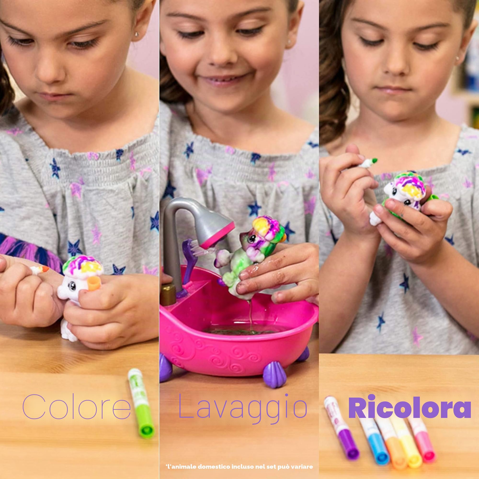 CRAYOLA Washimals, Cuccioli vellutati da colorare e ricolorare. 4 animali e 6 pennarelli. Vasca da bagno rosa e spazzolina, Cagnolini e Gattini, Età Consigliata: da 3 Anni, 74-7249
