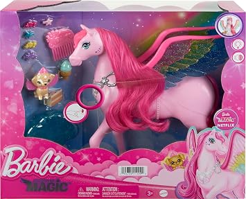 Barbie Doll Toys, Pegasus Pink Winged Horse Toy with 10 Accessories Including Puppy & Barrettes, Inspired A Touch of Magic