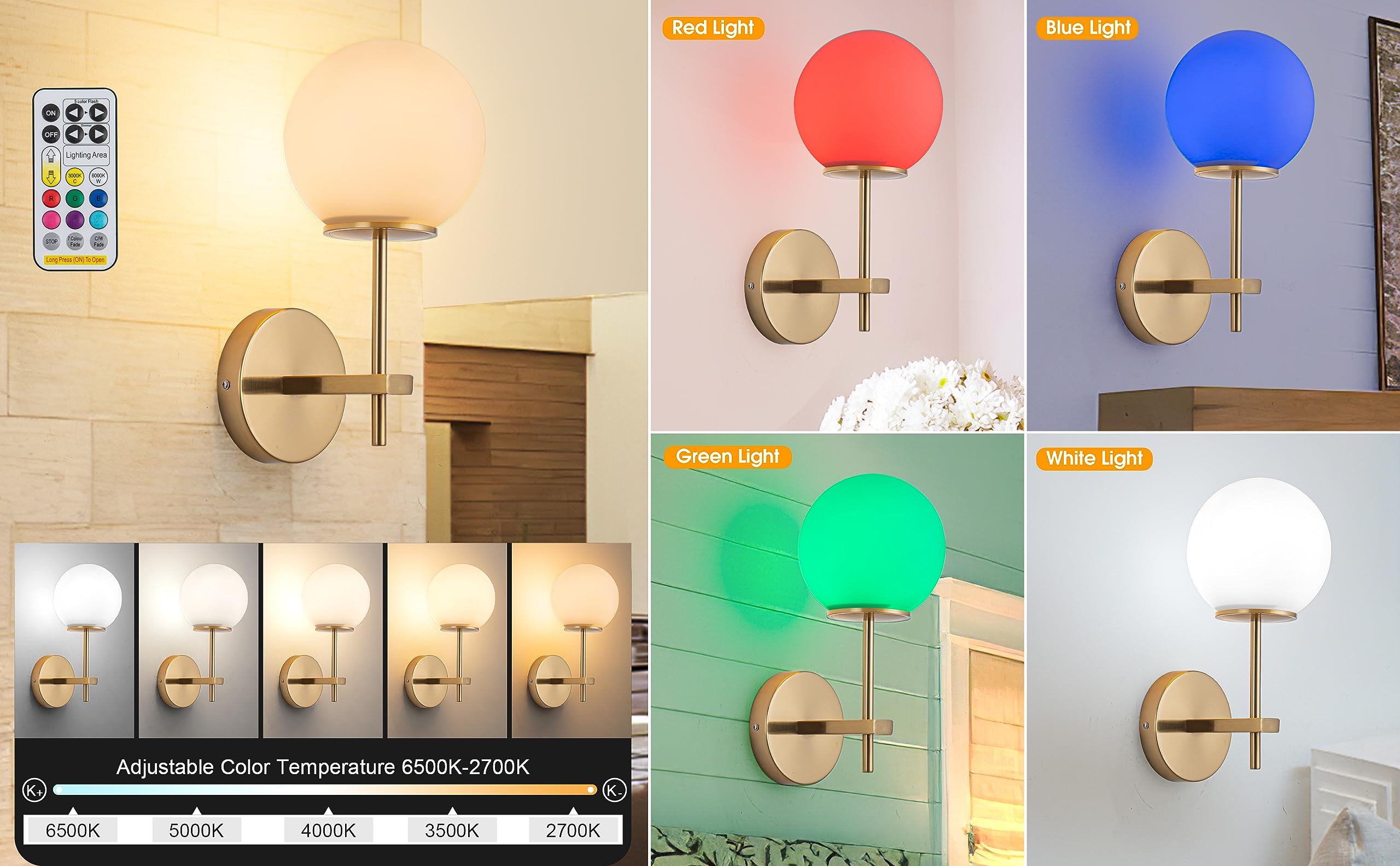 jengush LED Battery Operated Wall Sconce Fixture Set of 2, Modern Globe Glass Shade, Wall Light with Remote Control Dimmable?not Hardwired Sconce Fixture Easy to Install Not Wires(Color : Gold-05)