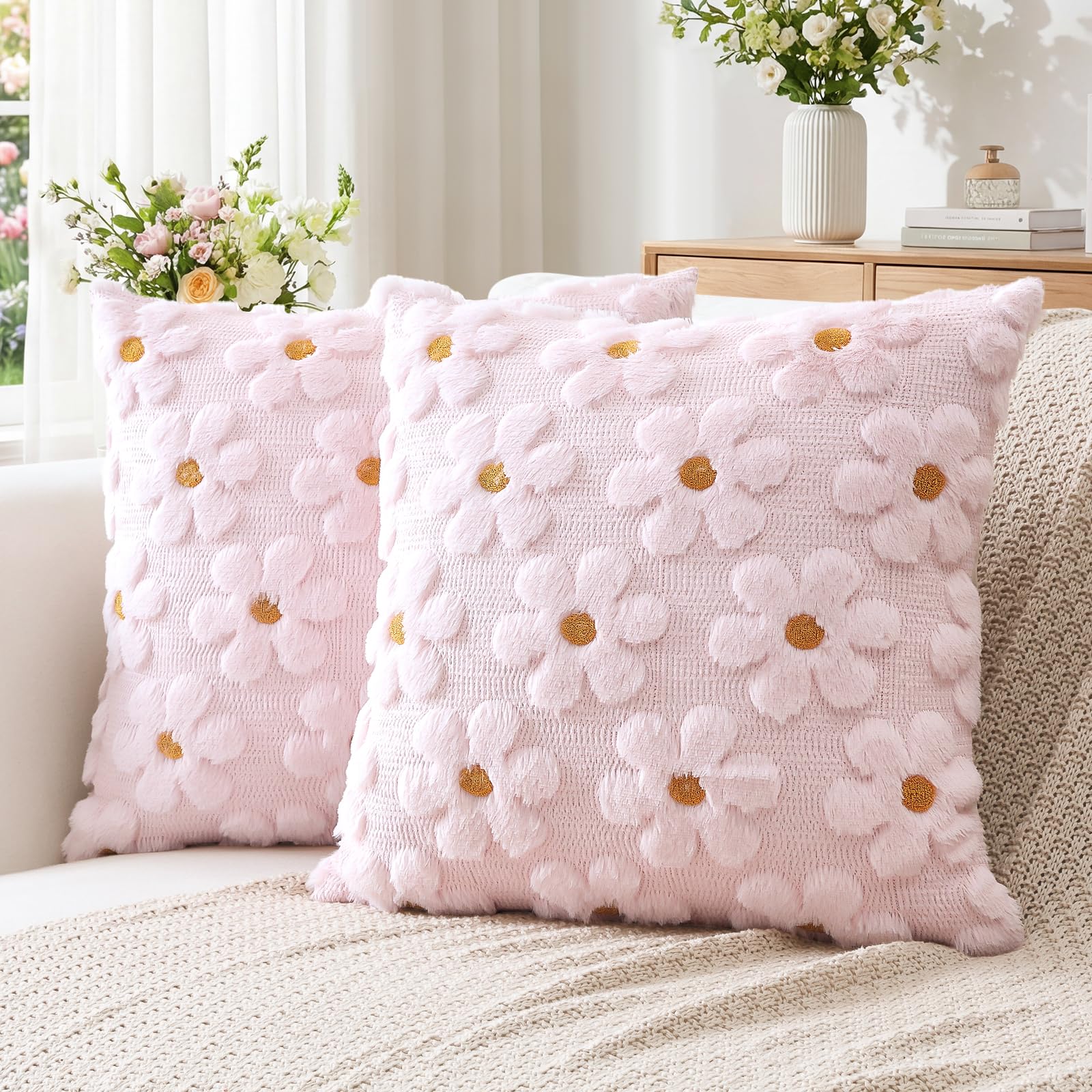 Artscope Spring Summer Cushion Covers Set of 2 Flowers Throw Pillow Covers for Sofa 45x45cm Square Seasonal Soft Plush Short Wool Velvet Cushion Case Holiday Decor Pink