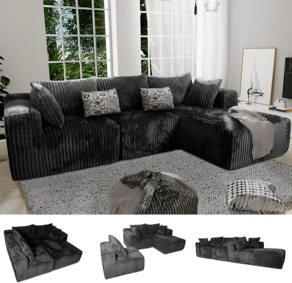 3 Seater L Shaped Sofa with Deep Seat, 101" Cloud Sectional Couch with Chaise, Cozy Modular Couches Sleeper, Oversized Corduroy Sofa for Living Room Bedroom Apartment, Dark Grey