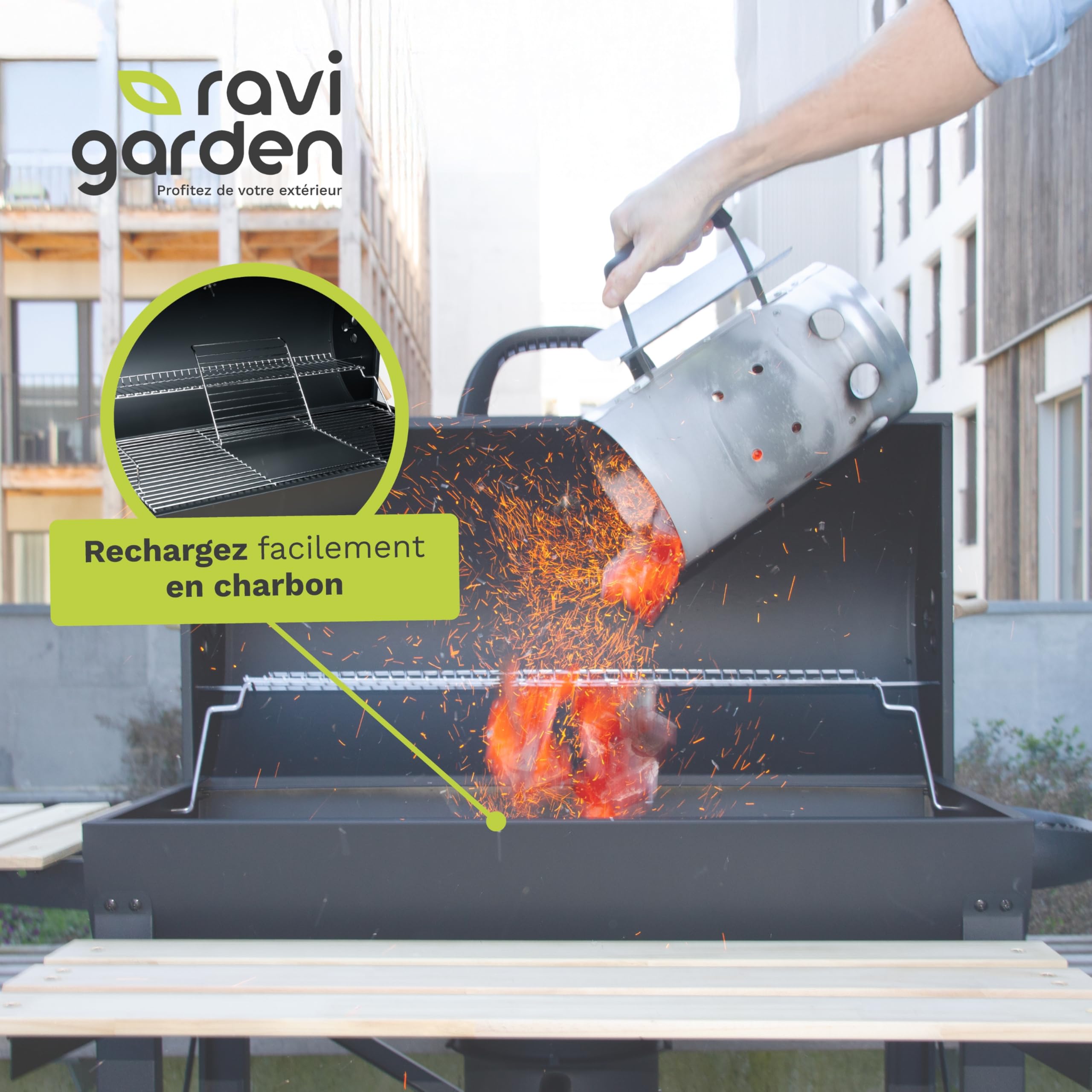Barbecue Charbon de Bois XXL avec Couvercle, Grille 71x38 cm, 2 Tablettes Rabattables, Récupérateur de Cendres